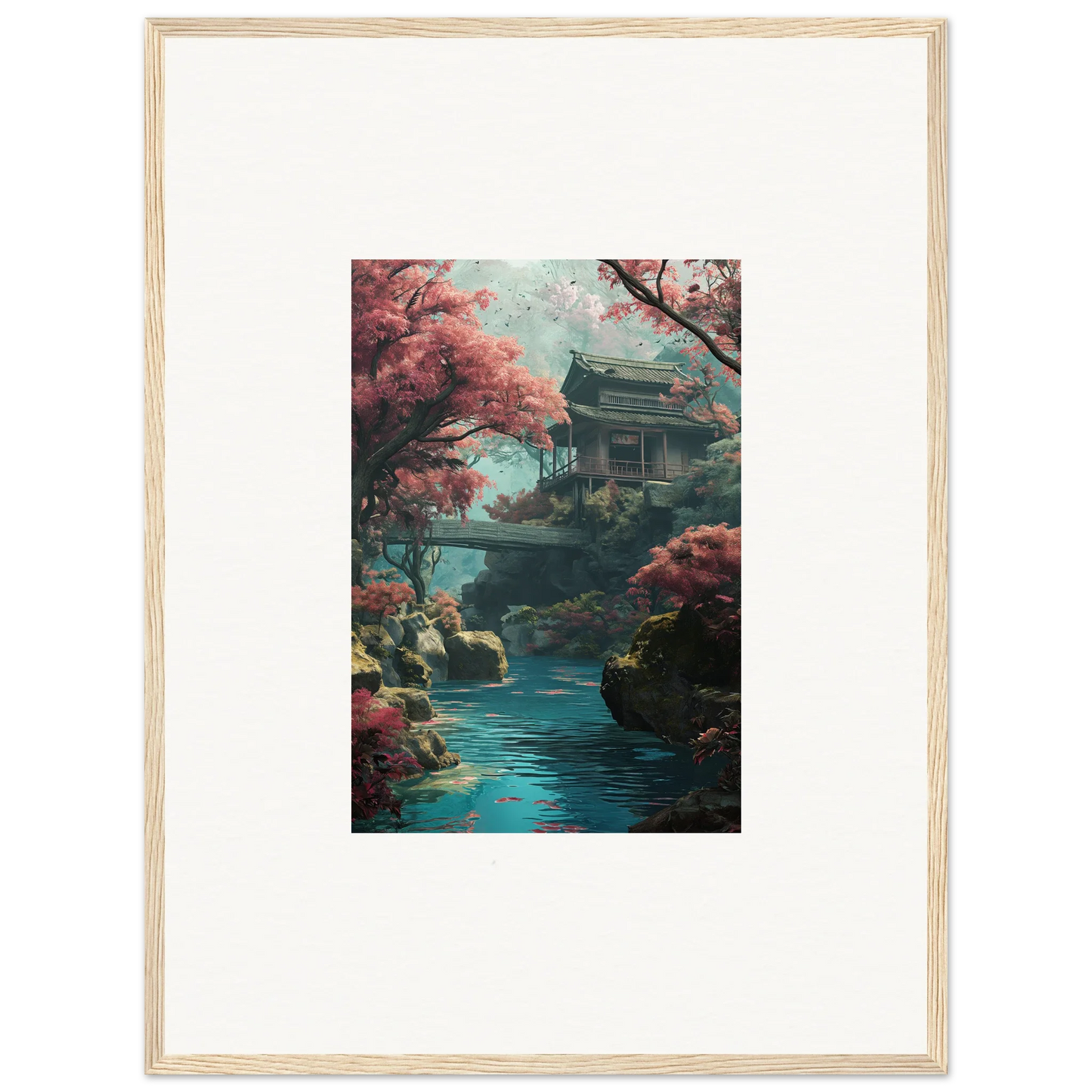 Serenity’s Dreamscape with a pagoda bridge over turquoise water and cherry blossoms