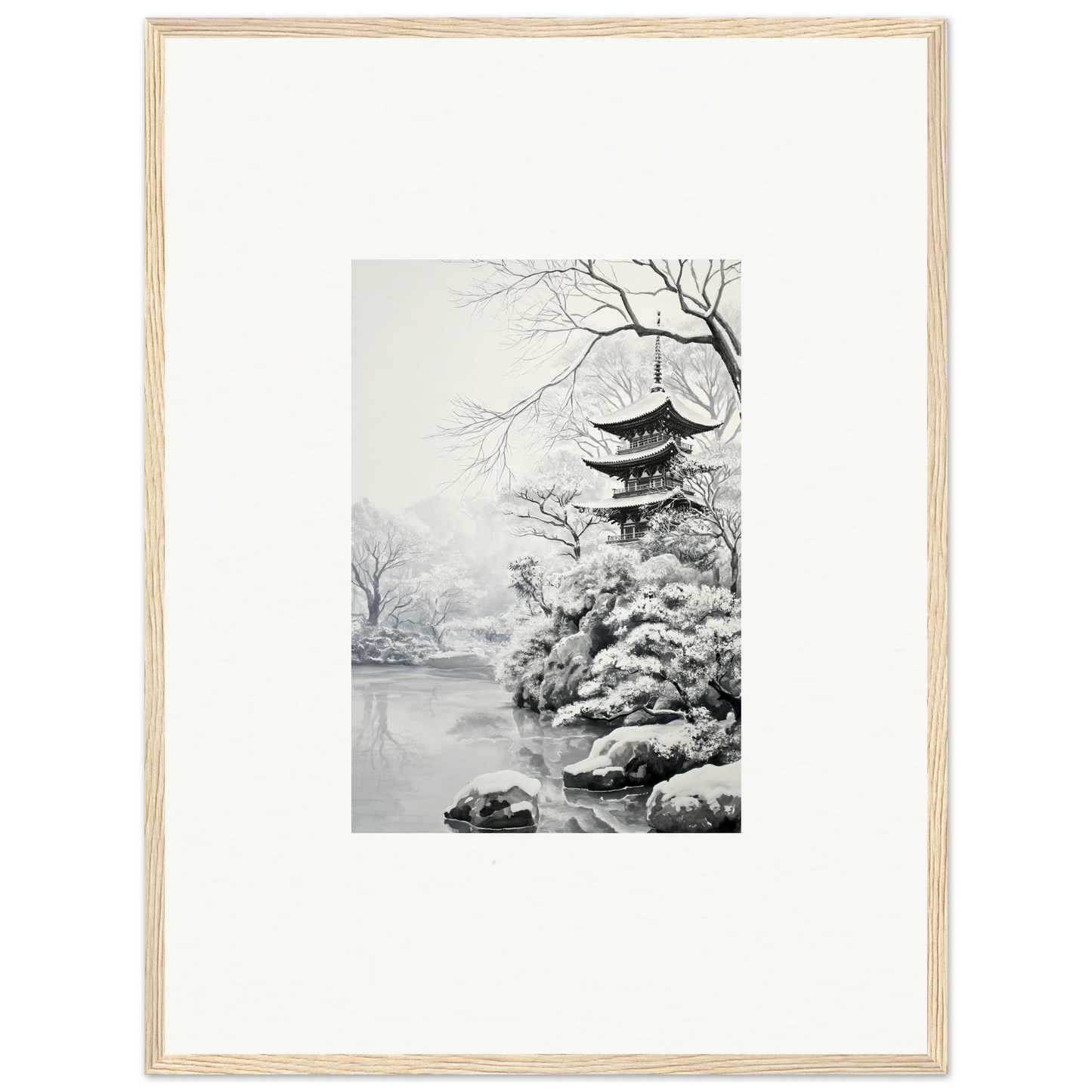 Framed black and white art of a Japanese pagoda in winter for Crystallized Blossom Oasis