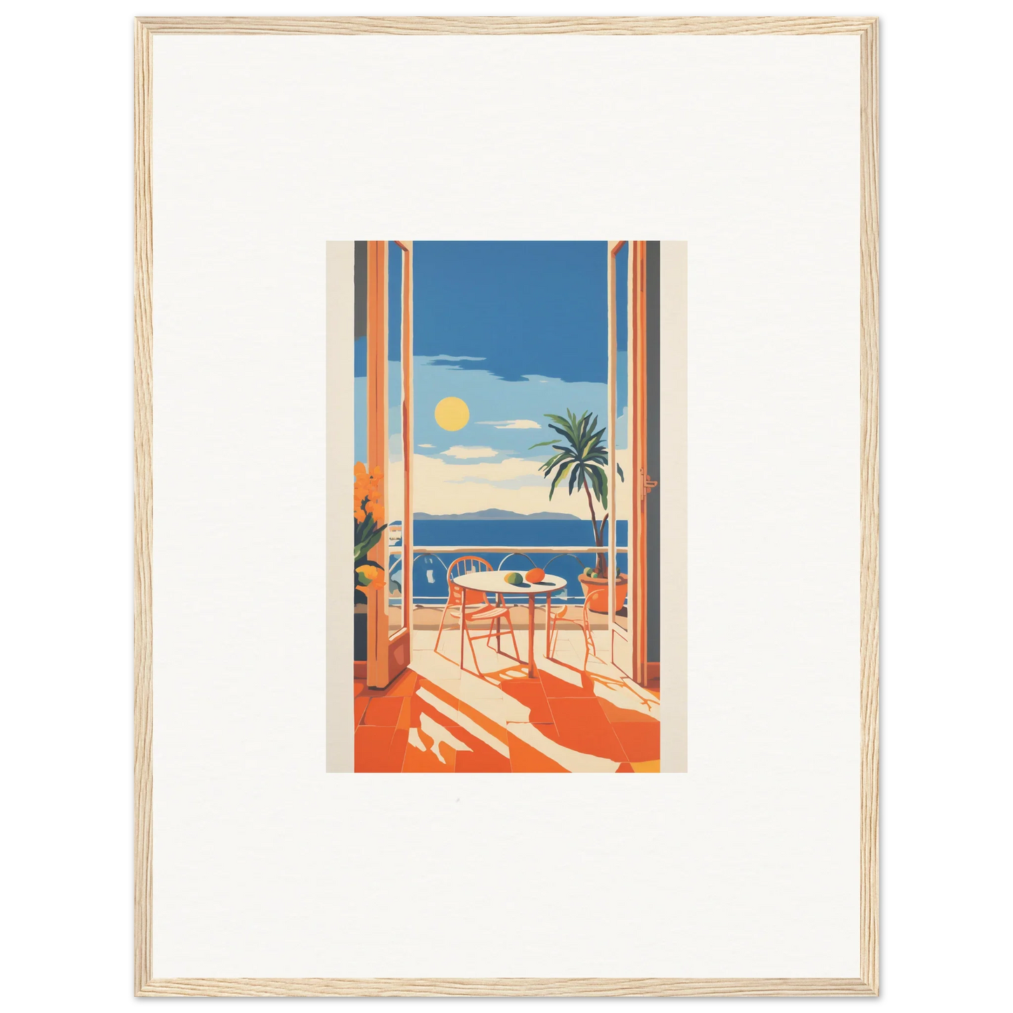 Framed poster showcasing a sunny terrace scene for Tranquil Mirage Brunch vibes
