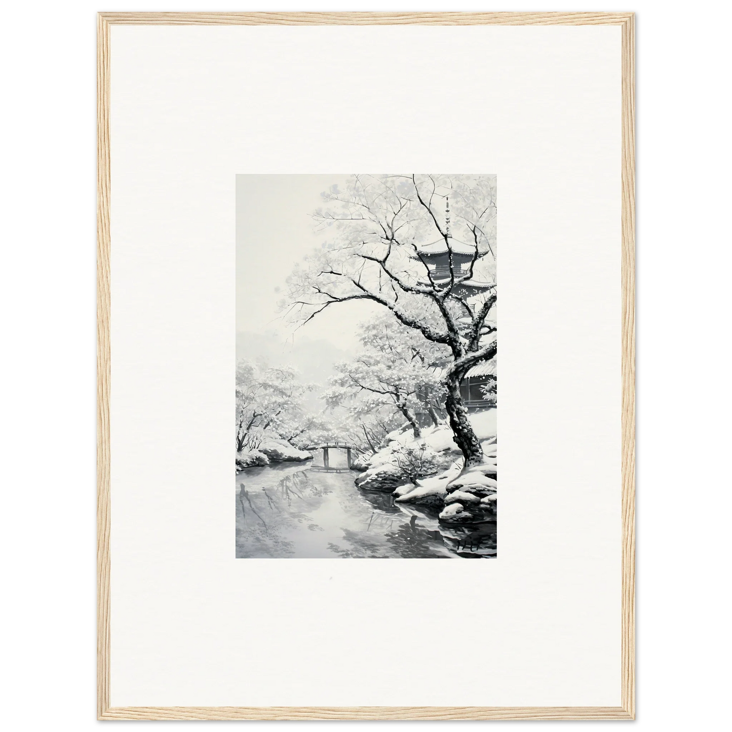 Framed black and white artwork of a snowy landscape for Chilled Lunar Embrace