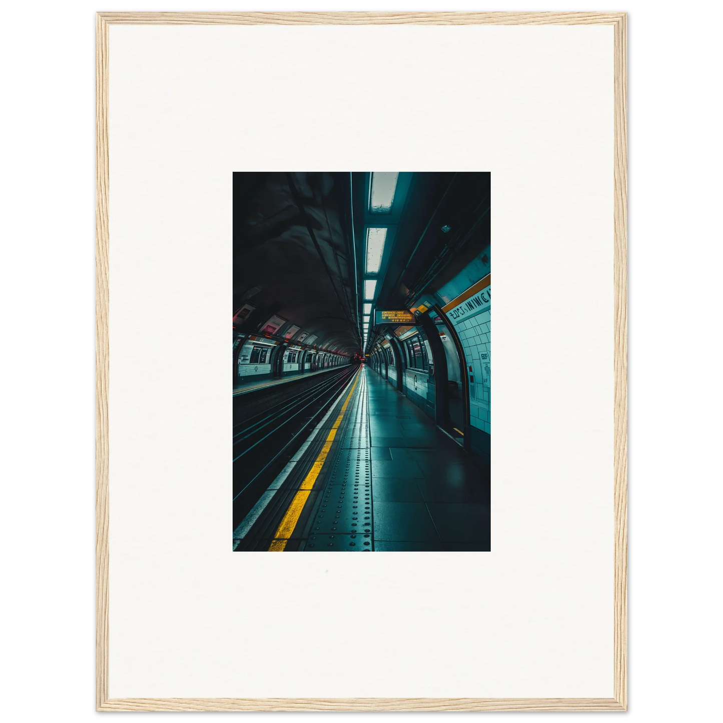 Framed photograph of a subway platform with turquoise lights in Portal Echo Anatomy art™