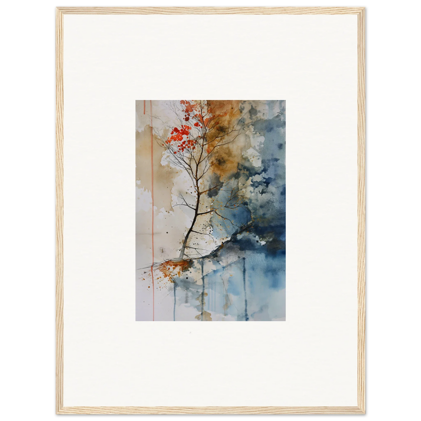 Framed watercolor wall art of a tree branch with red flowers for cozy room decoration