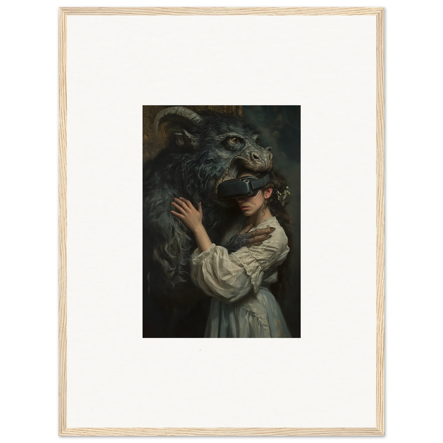 Framed dark artwork of a figure in a white dress with a dragon for Love, Reality Monster
