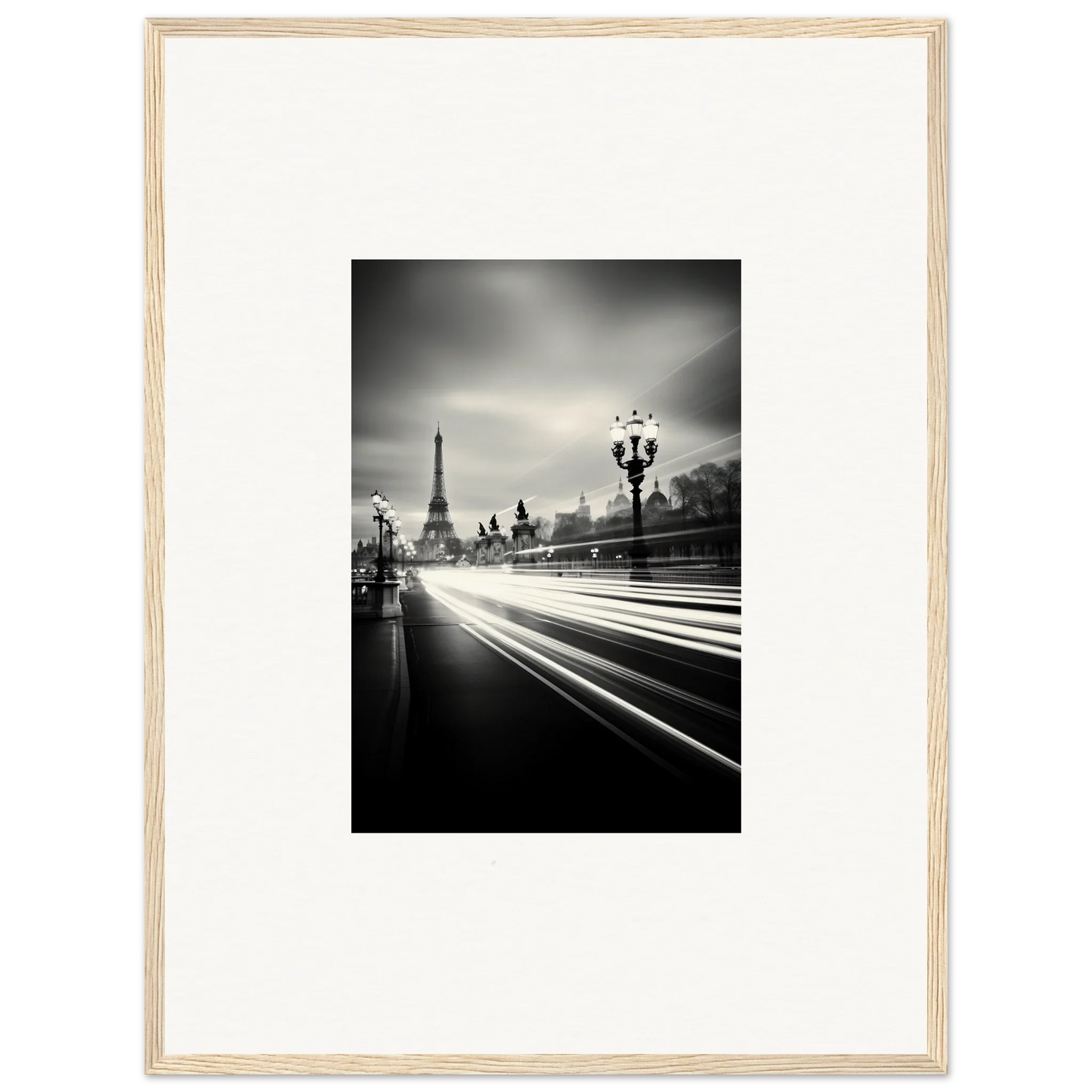 Black and white Eiffel Tower photo with light trails for Velocity Of Memories framed wall art