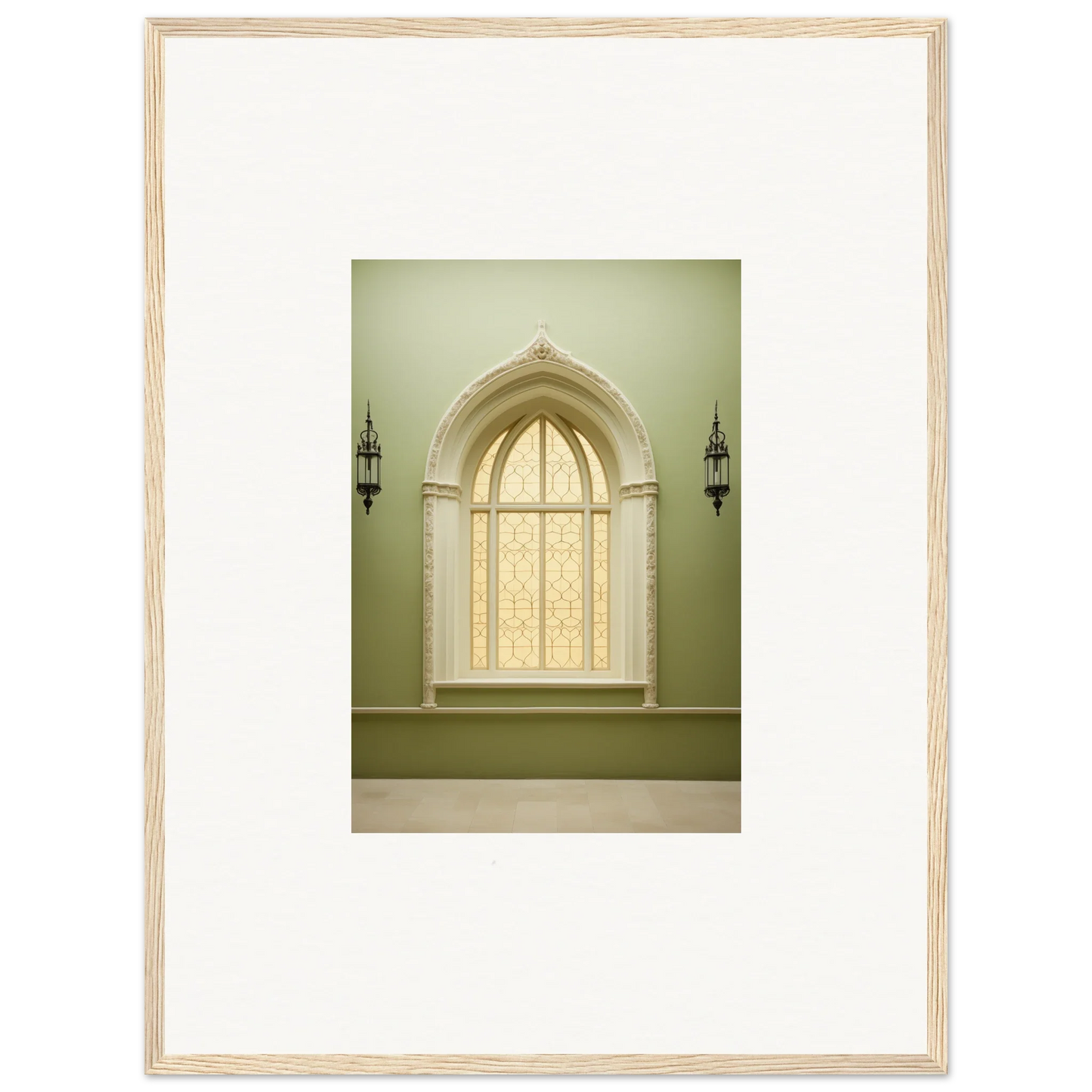 Gothic-arched window with frosted glass in Opalescent Tranquility Dwelling art piece