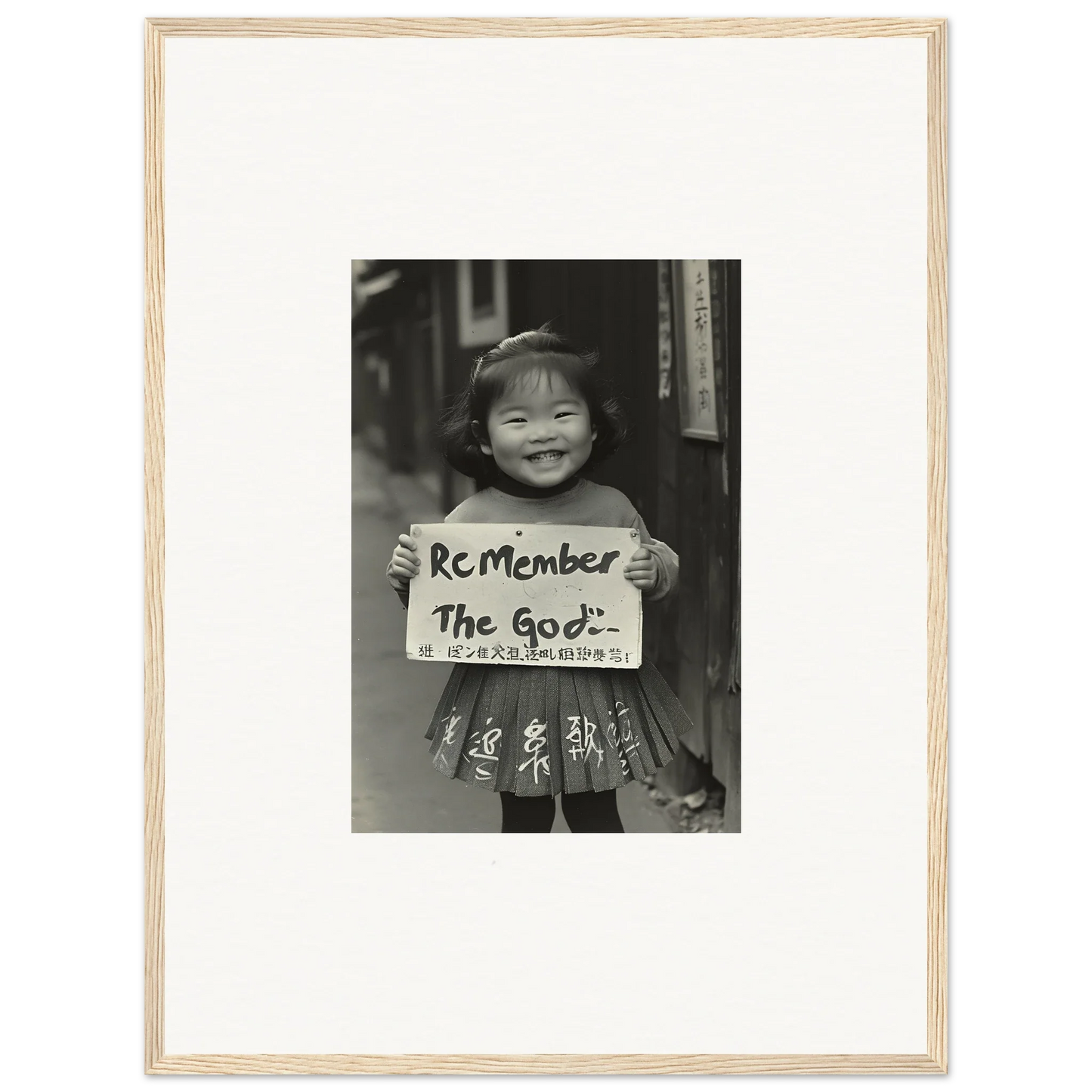 Black and white framed wall art featuring sign that reads Remember The God in Sacred Smile Echoes