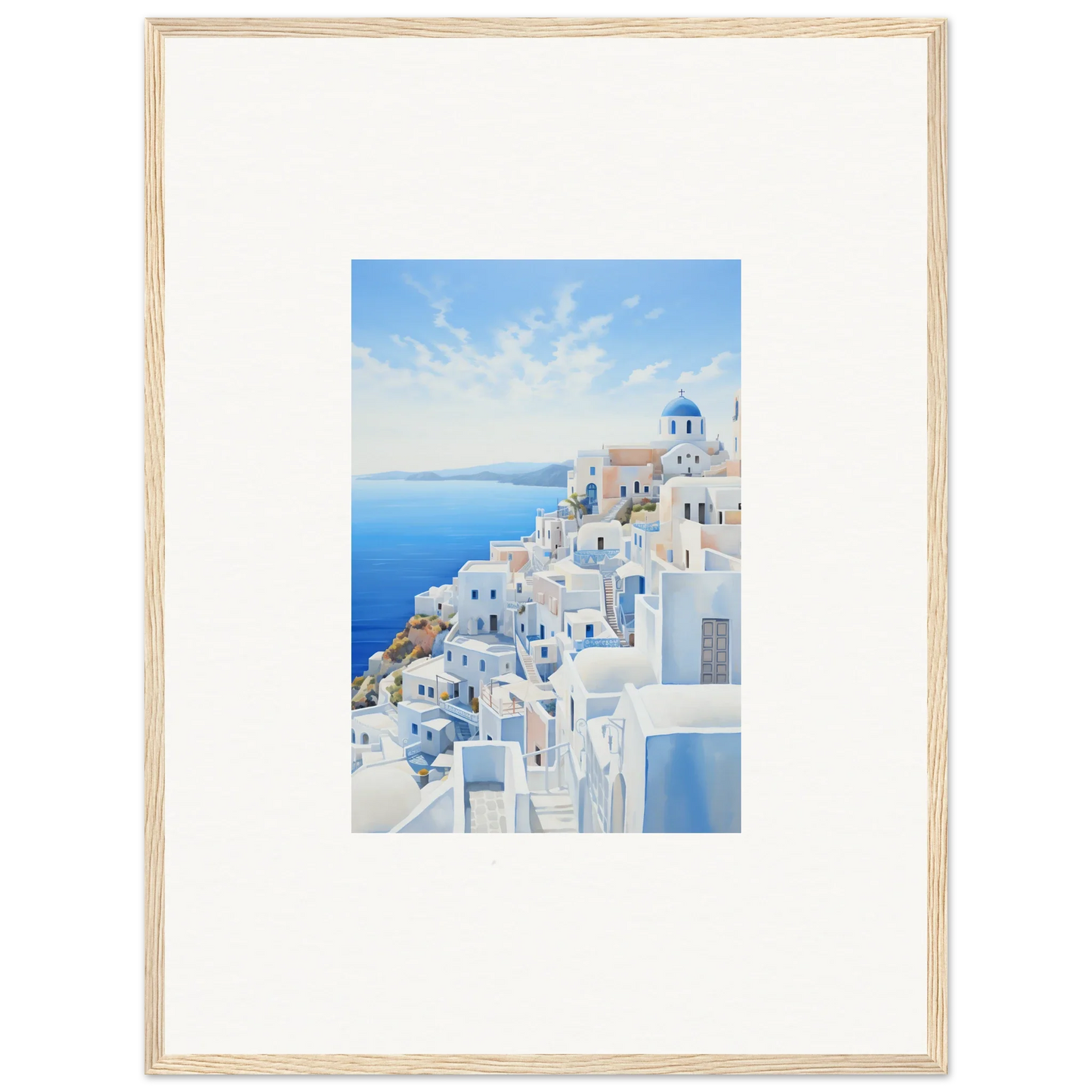Framed artwork of Santorini’s white buildings and blue domes in Dreams Overlapping Reality