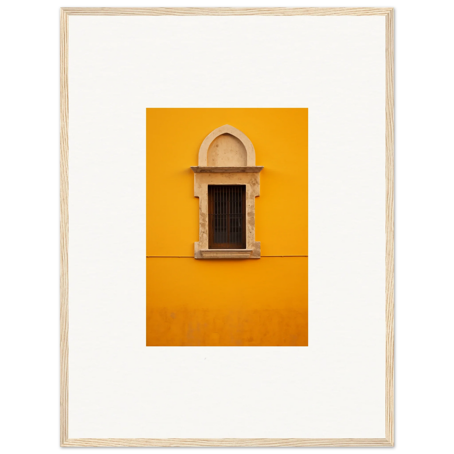 Ornate window with stone trim in bright yellow wall from Golden Correspondence Portal