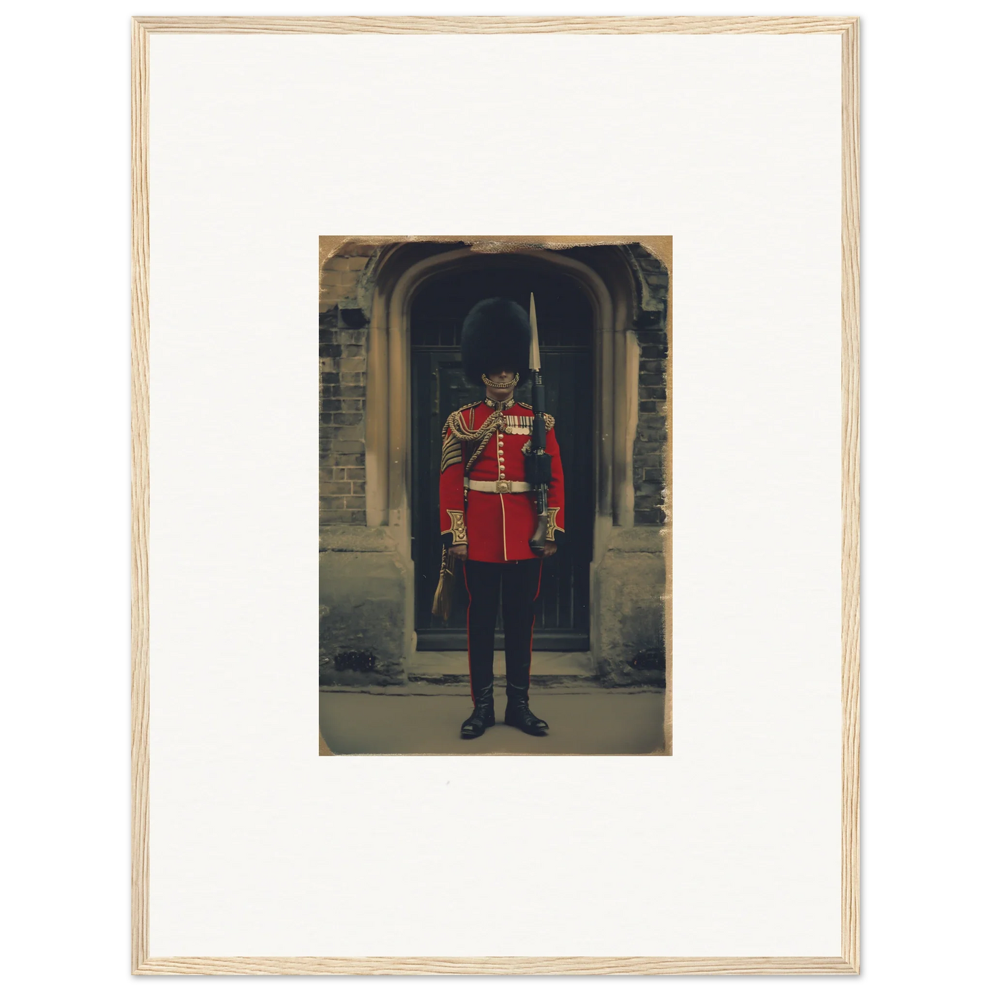 Royal guard in red uniform and bearskin hat at Solstice Brickbeard Visitor art display