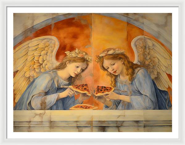 Painting of two angels holding crowns against an orange background.