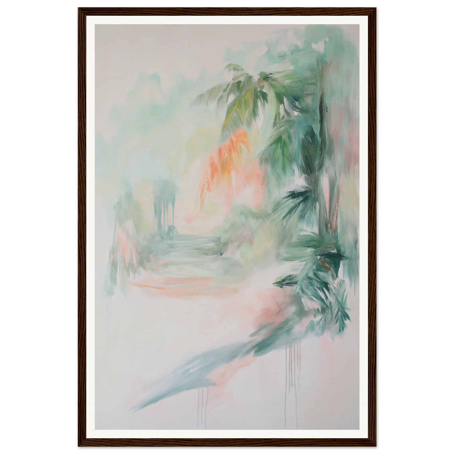 Framed wall art with green and orange brushstrokes, suggesting a hazy forest scene.