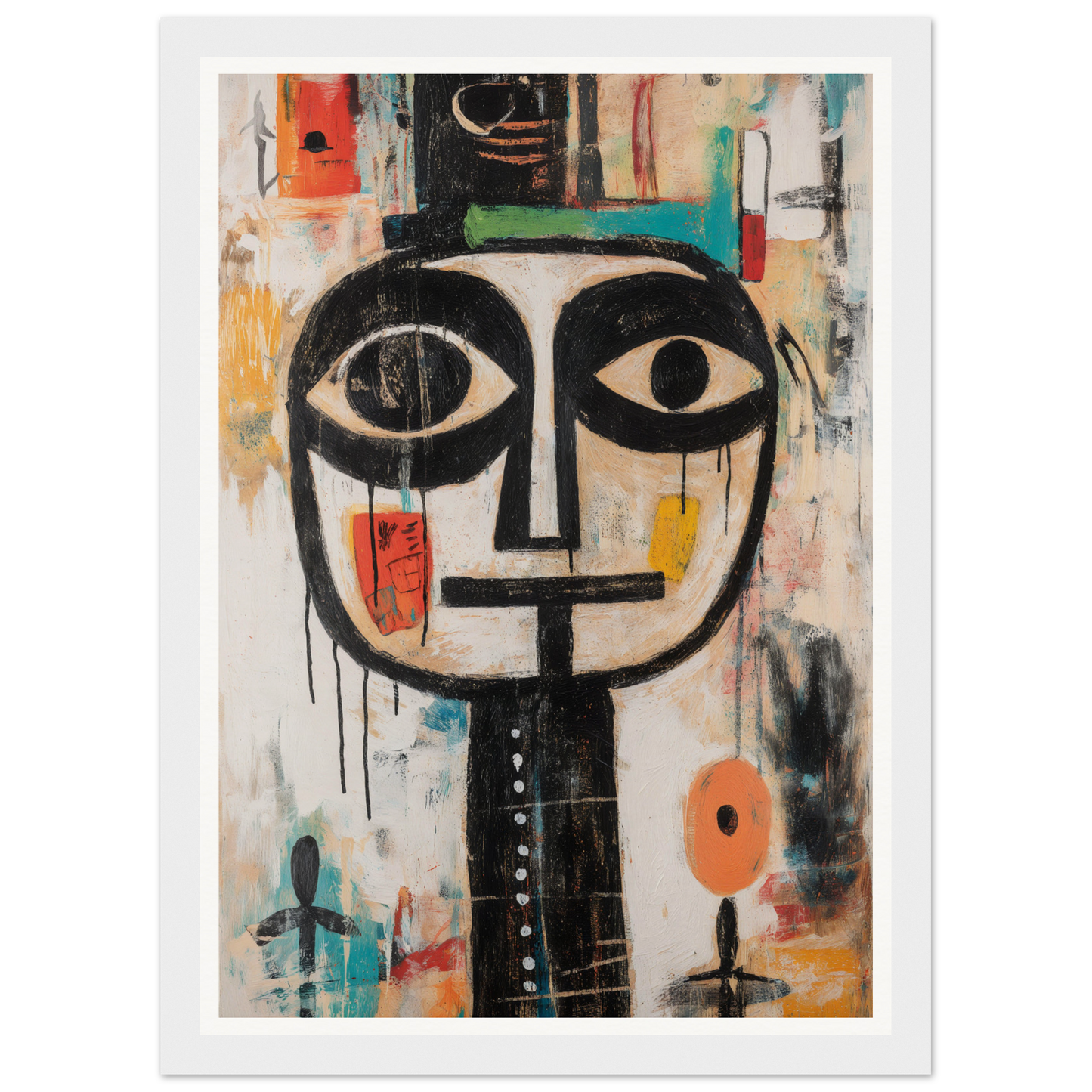 Framed abstract painting of a face with large eyes, bold lines, and colorful shapes.