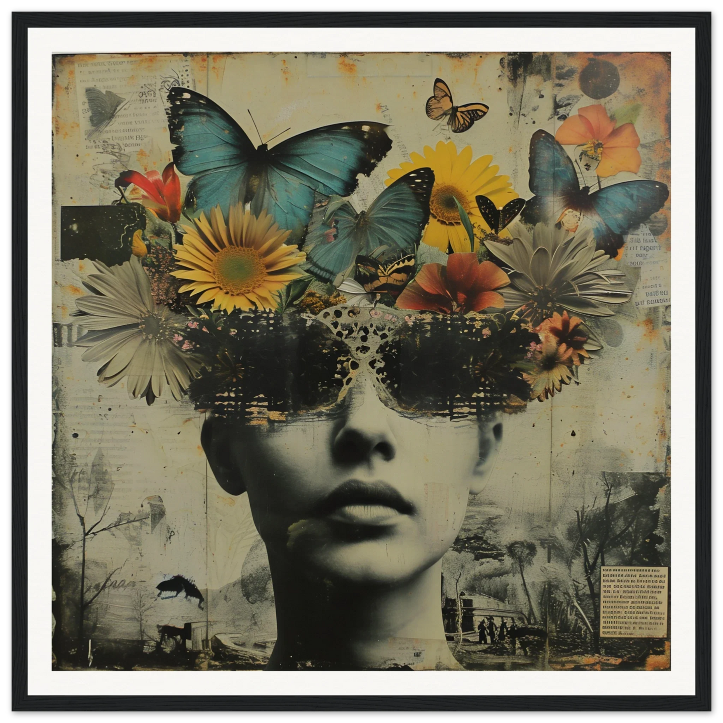 Artistic portrait of Butterfly Dream Visage with butterflies, flowers, and a surreal face