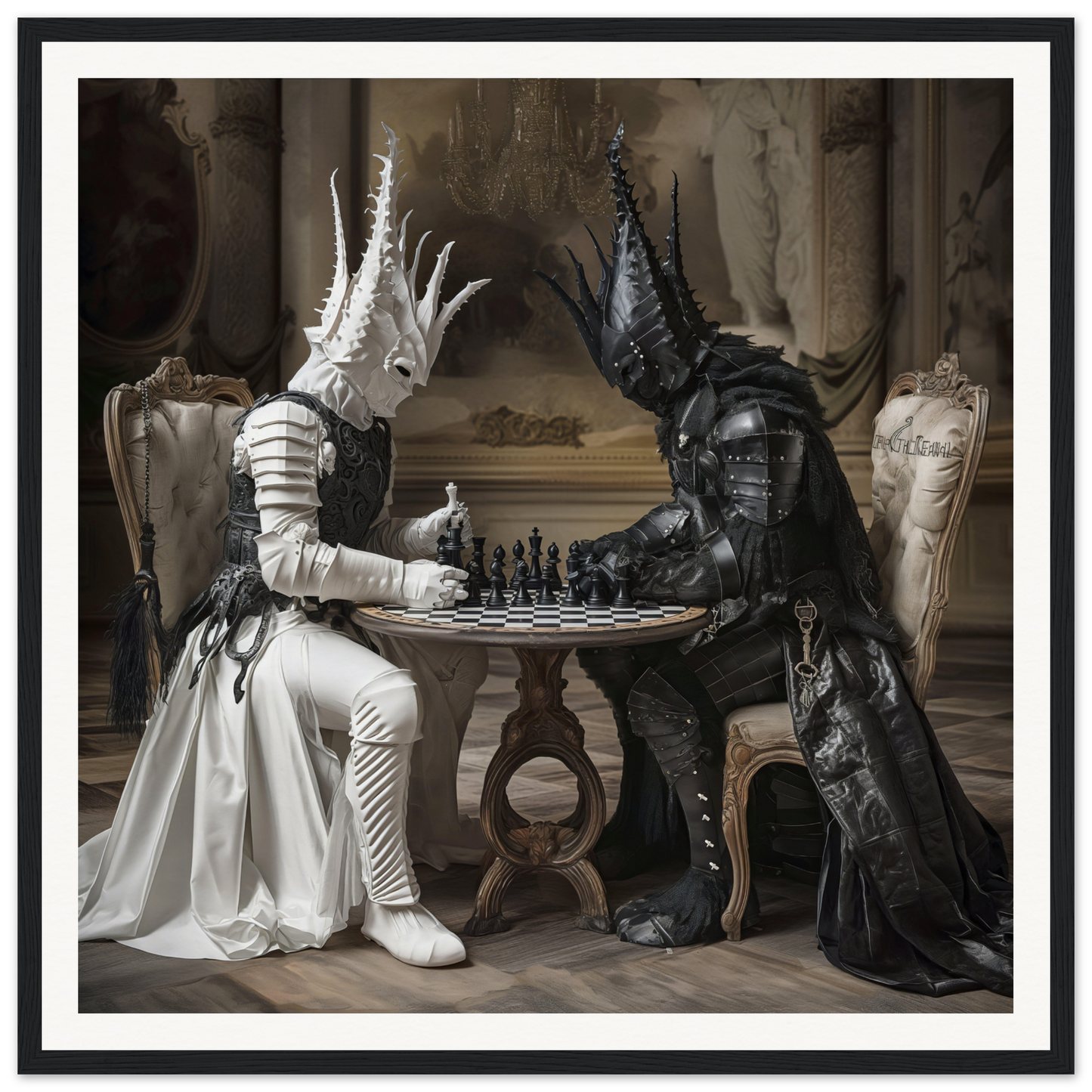 Two fantasy creatures in ornate costumes playing chess at a table in Chessmen Mystics’ Duel