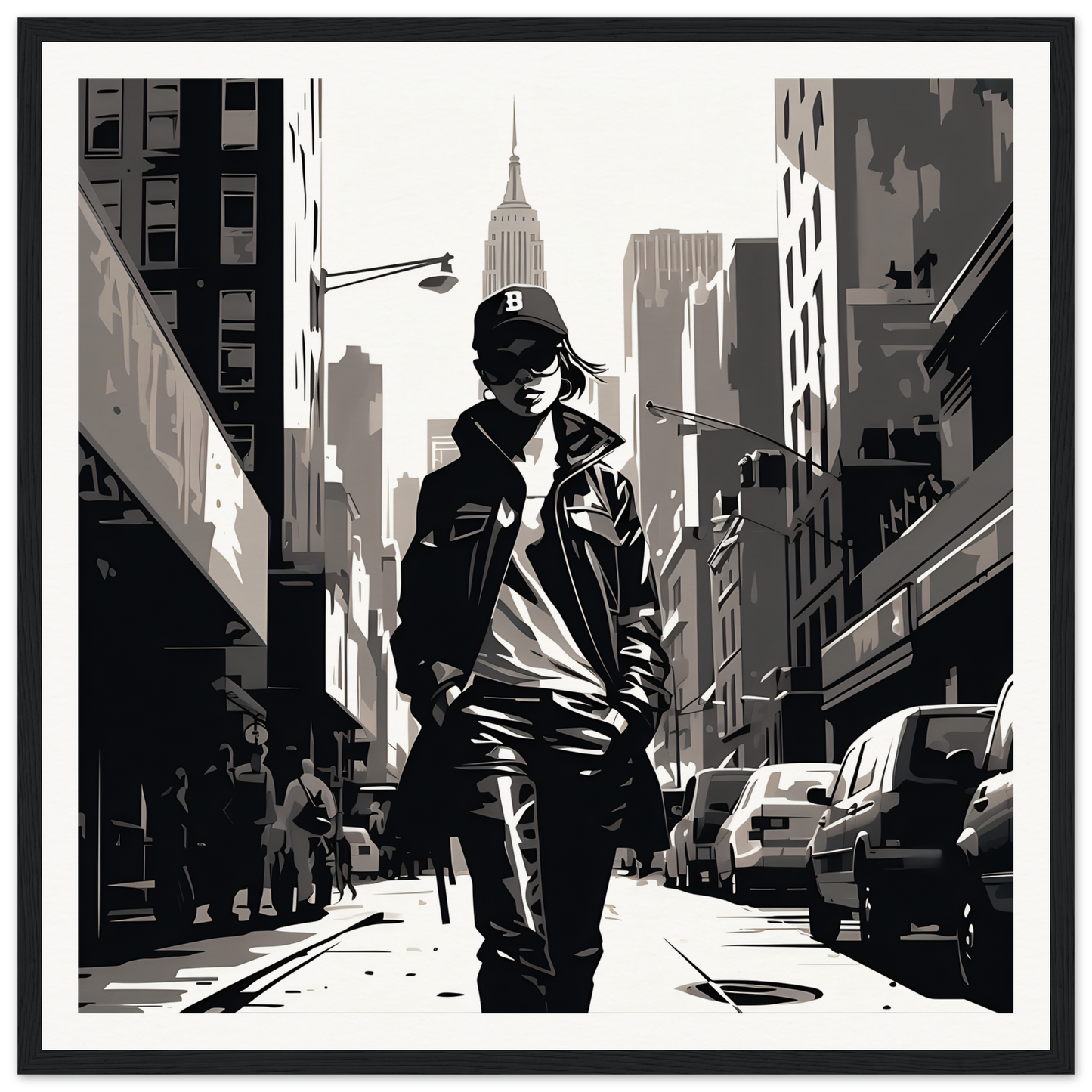 Person in baseball cap and leather jacket enjoying urban elegance on a city stroll bliss