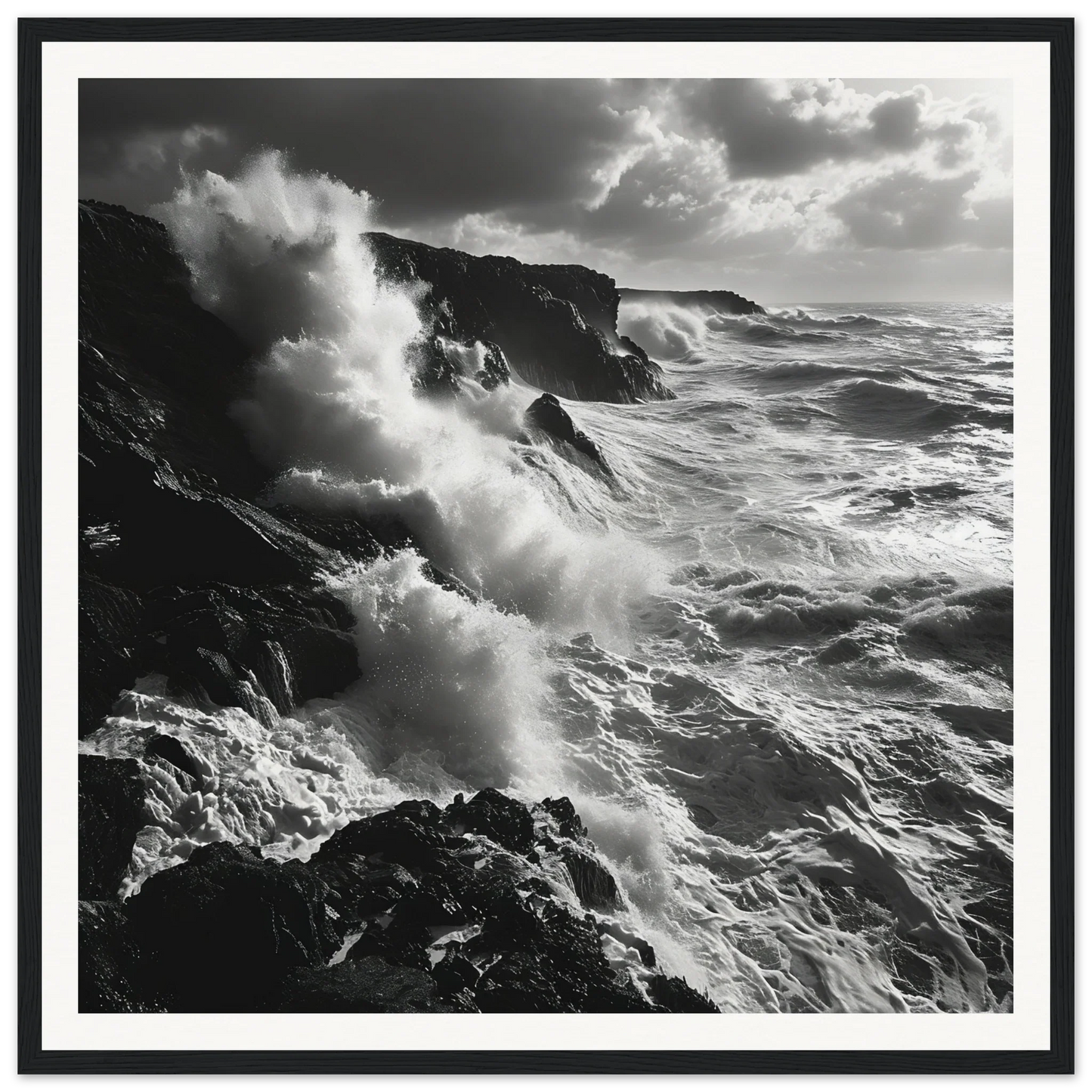 Powerful ocean waves crashing on cliffs in Craggy Surf Duel special edition art™