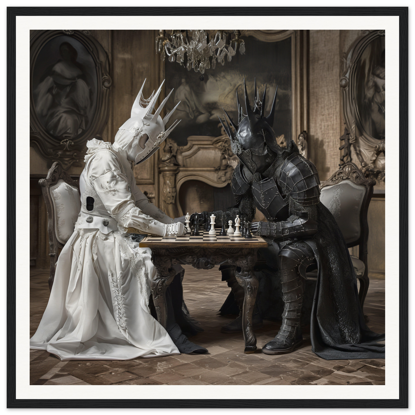 Two armored figures in crowns play chess in Eternal Chess Struggle framed poster