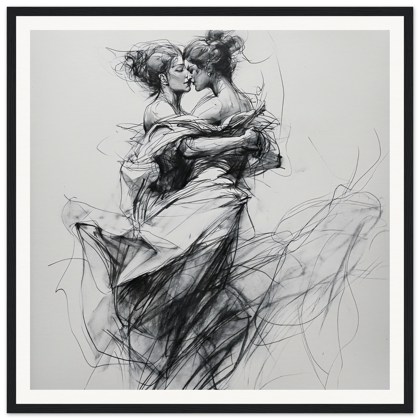 Passionate charcoal sketch of dancers in Fluid Embrace Reverie framed wall art
