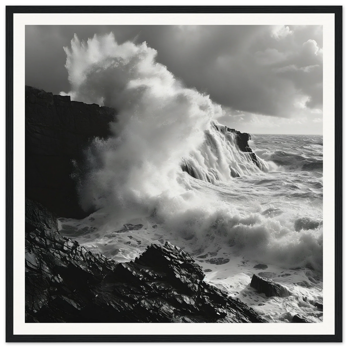 Powerful ocean wave crashing against cliffs in Foamy Abyss Wails special edition art