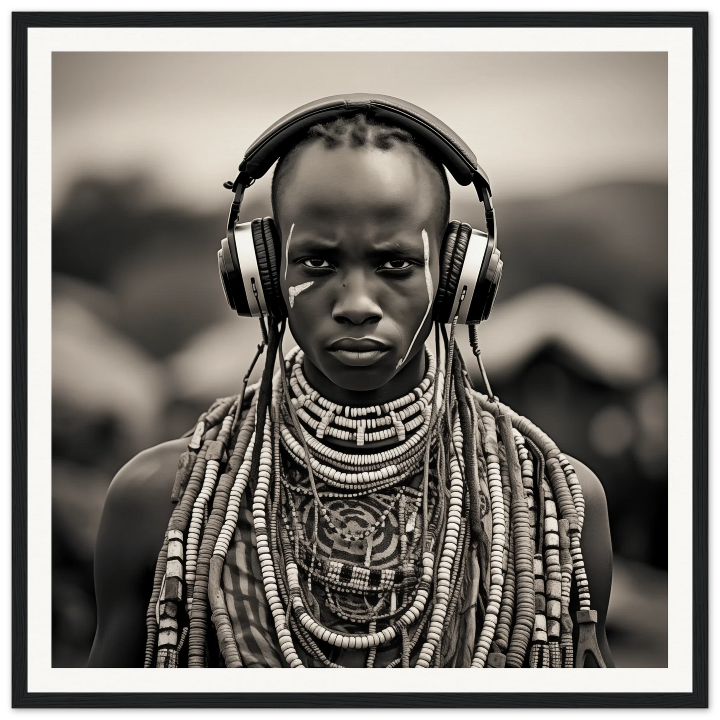 Black and white portrait of a tribal person blending heritage with modern headphones & heritage