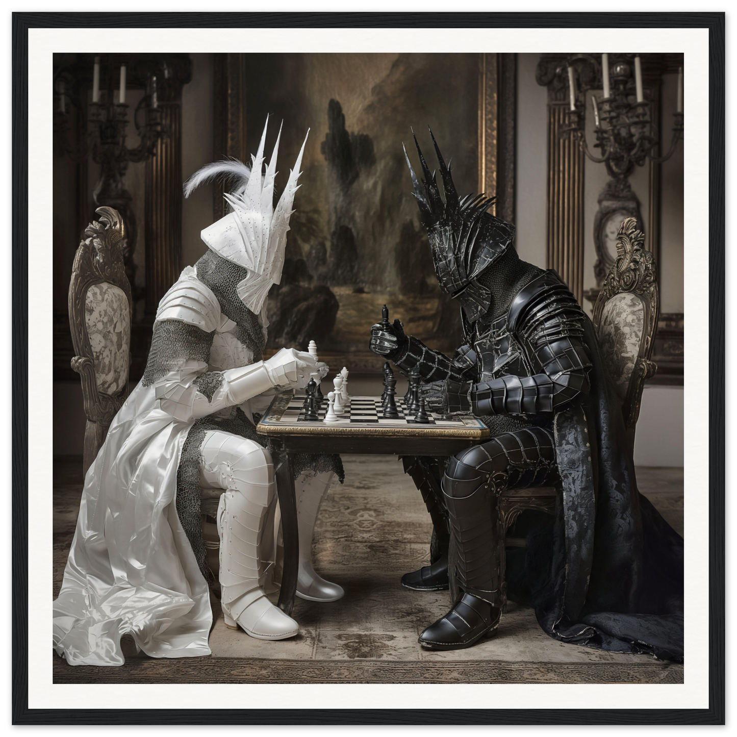 Two armored figures in contrasting outfits engaged in a Knightly Psyche Duel