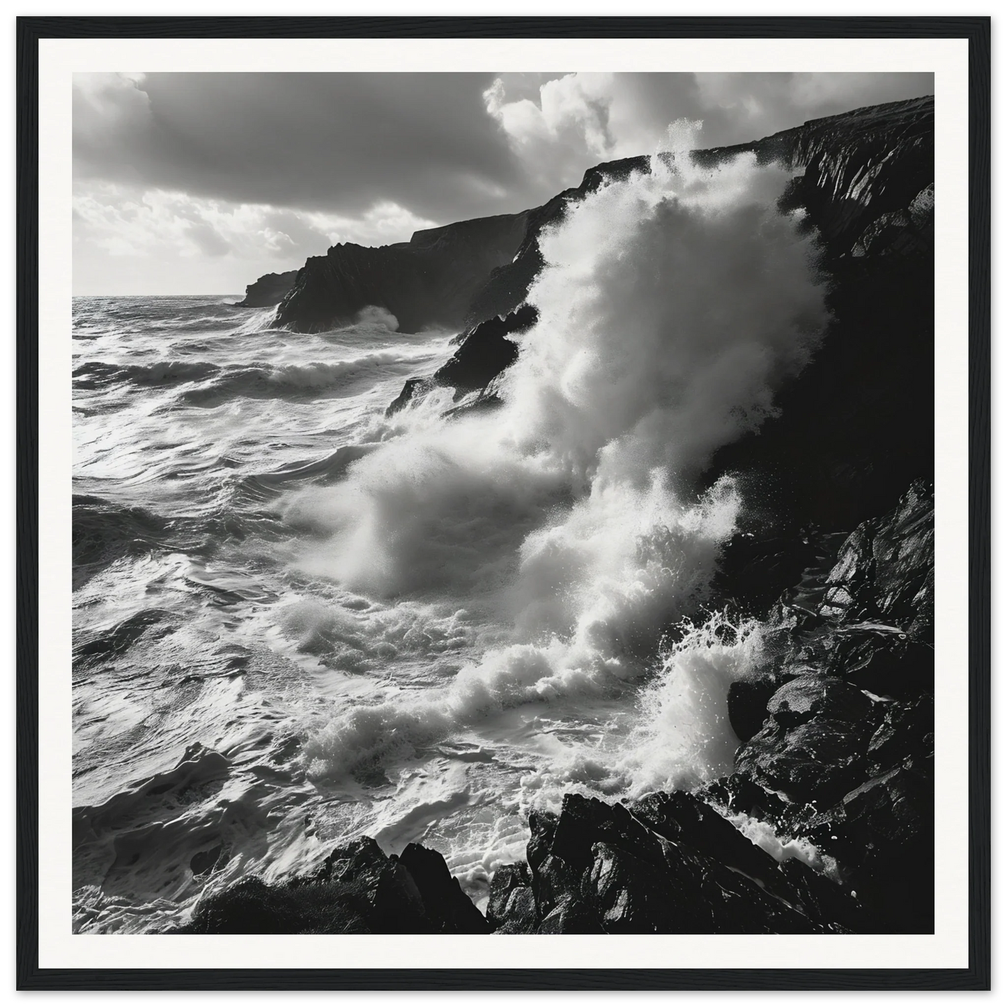Powerful black and white ocean waves crashing on cliffs in Oceanic Reverie Clash art