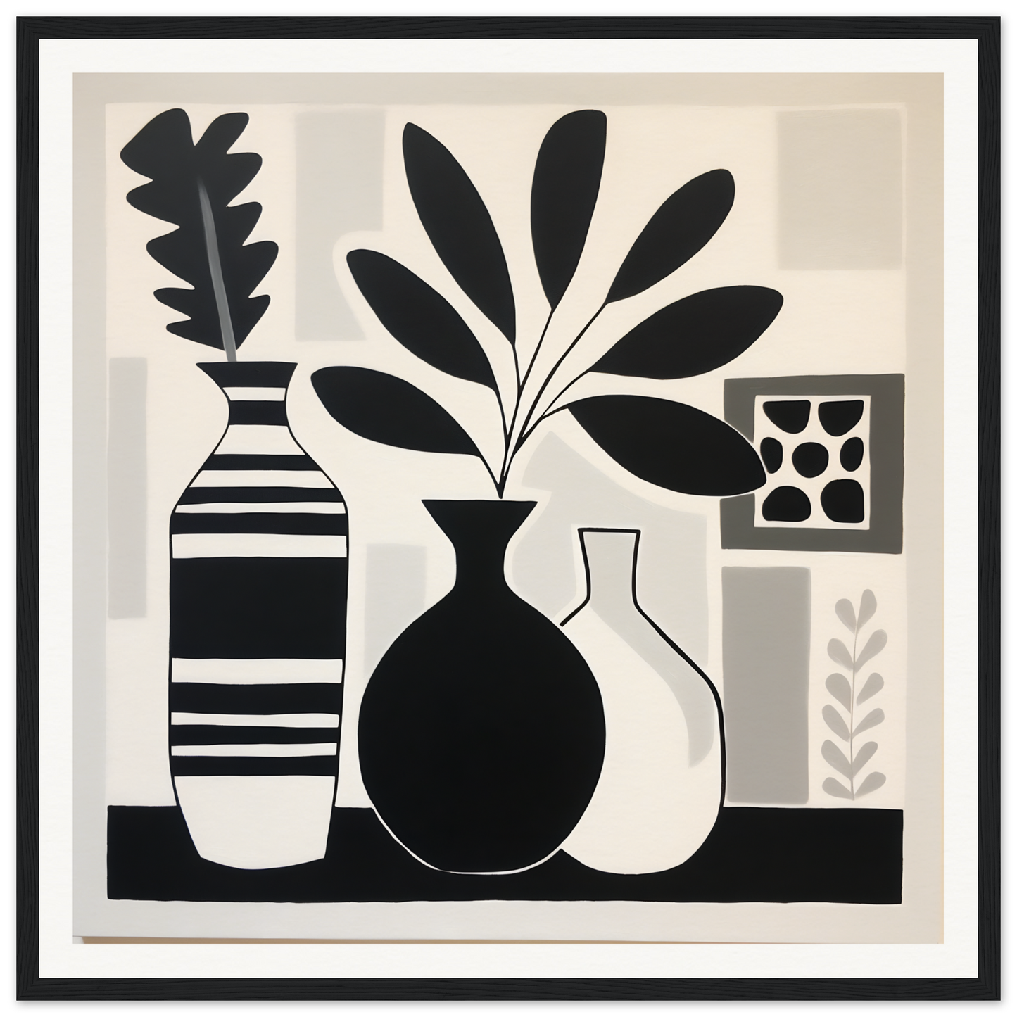 Black and white still life of vases for Stillness Serenade Meditations framed poster