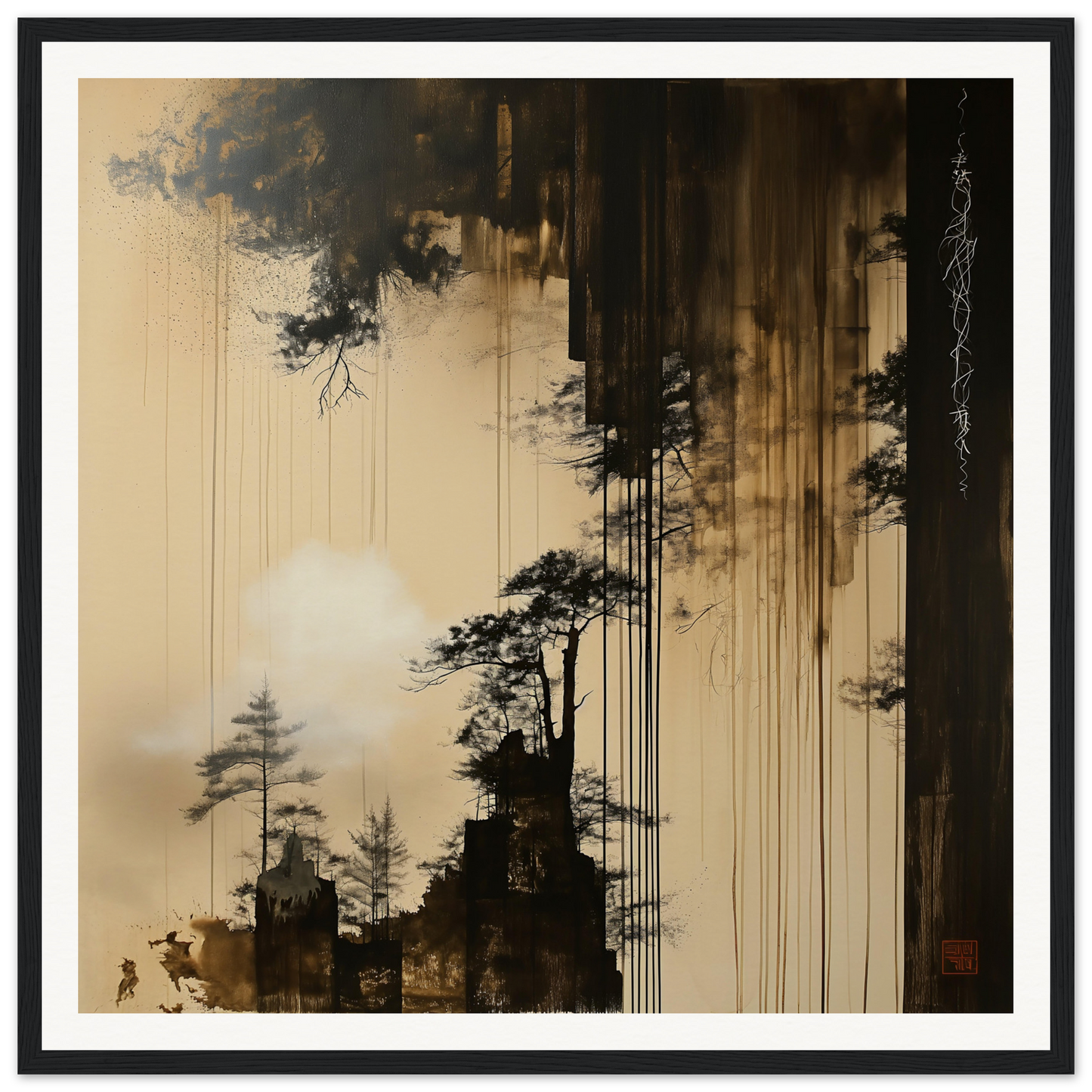 Silhouetted pine trees in Timeless Ink Grove with a sepia-toned sky and dripping effects