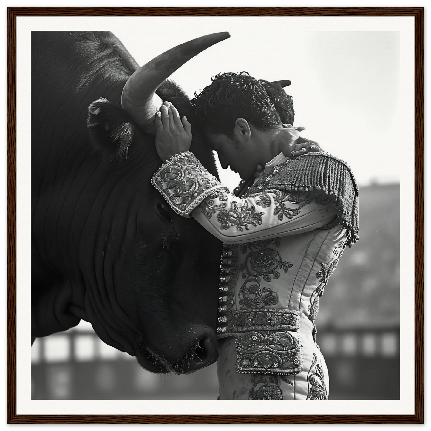 A matador in a fancy suit sharing a deep moment with a bull in Beastly Symbiosis Reverie