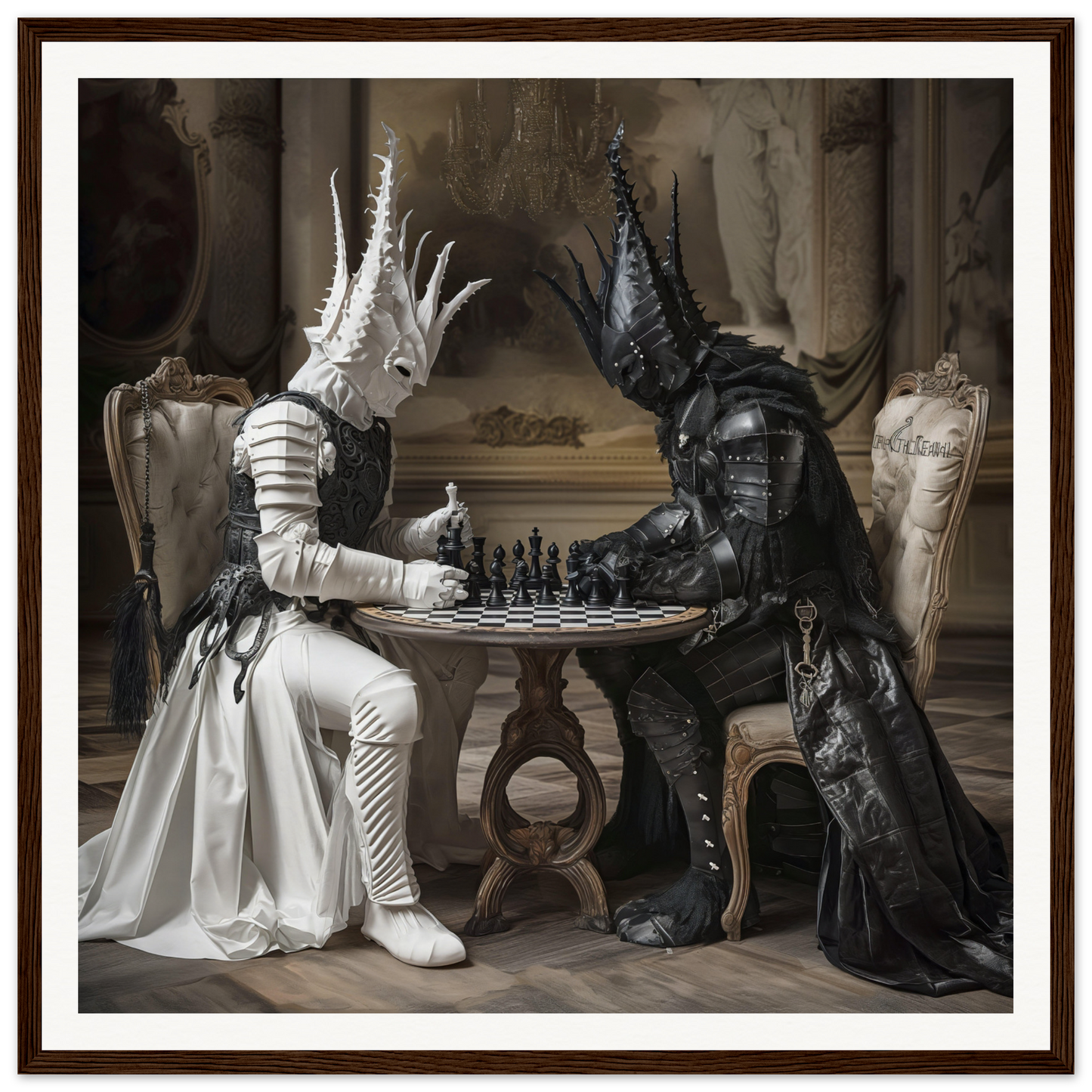 Two costumed figures in black and white playing chess in Chessmen Mystics’ Duel