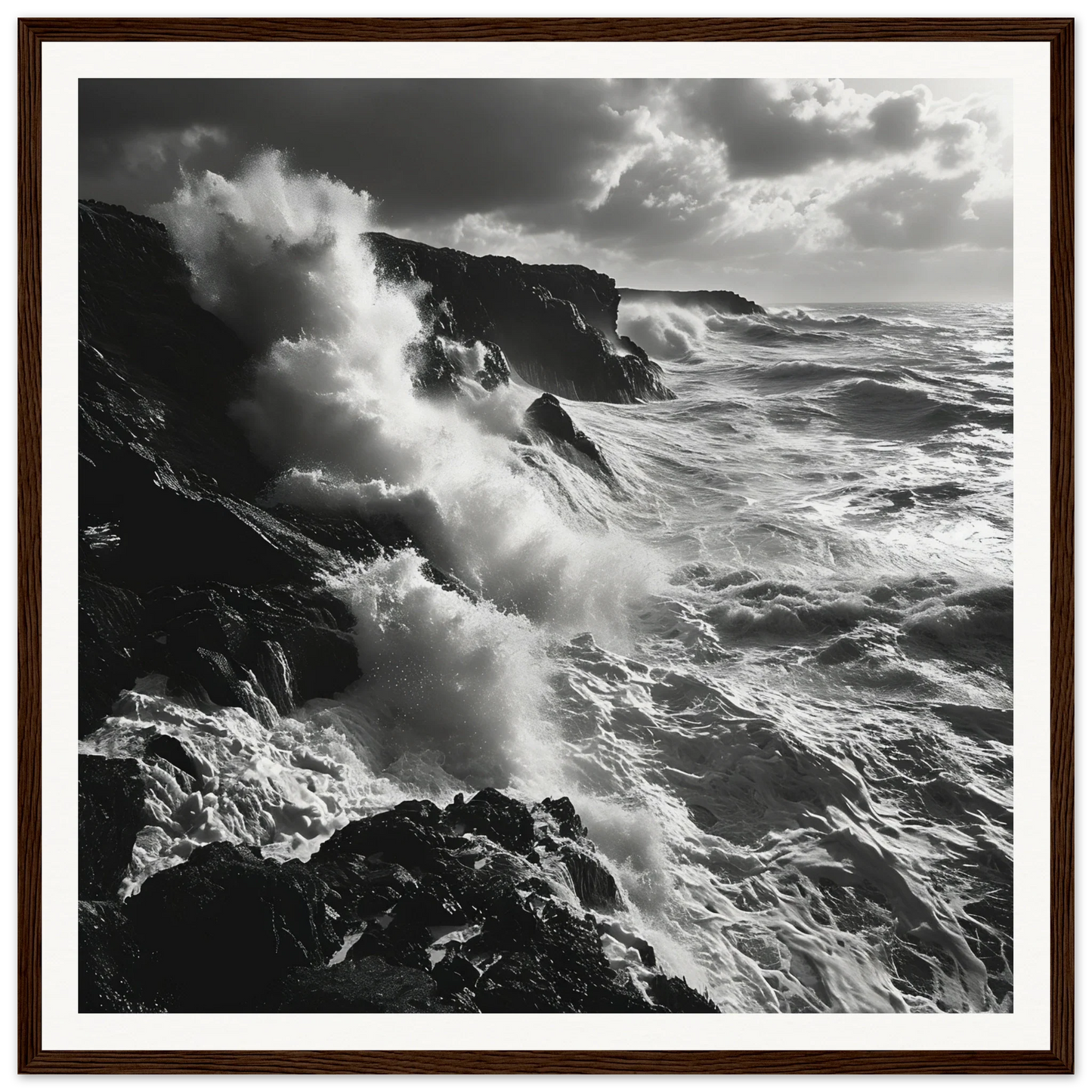 Powerful ocean waves crashing on rocky cliffs in Craggy Surf Duel special edition art™