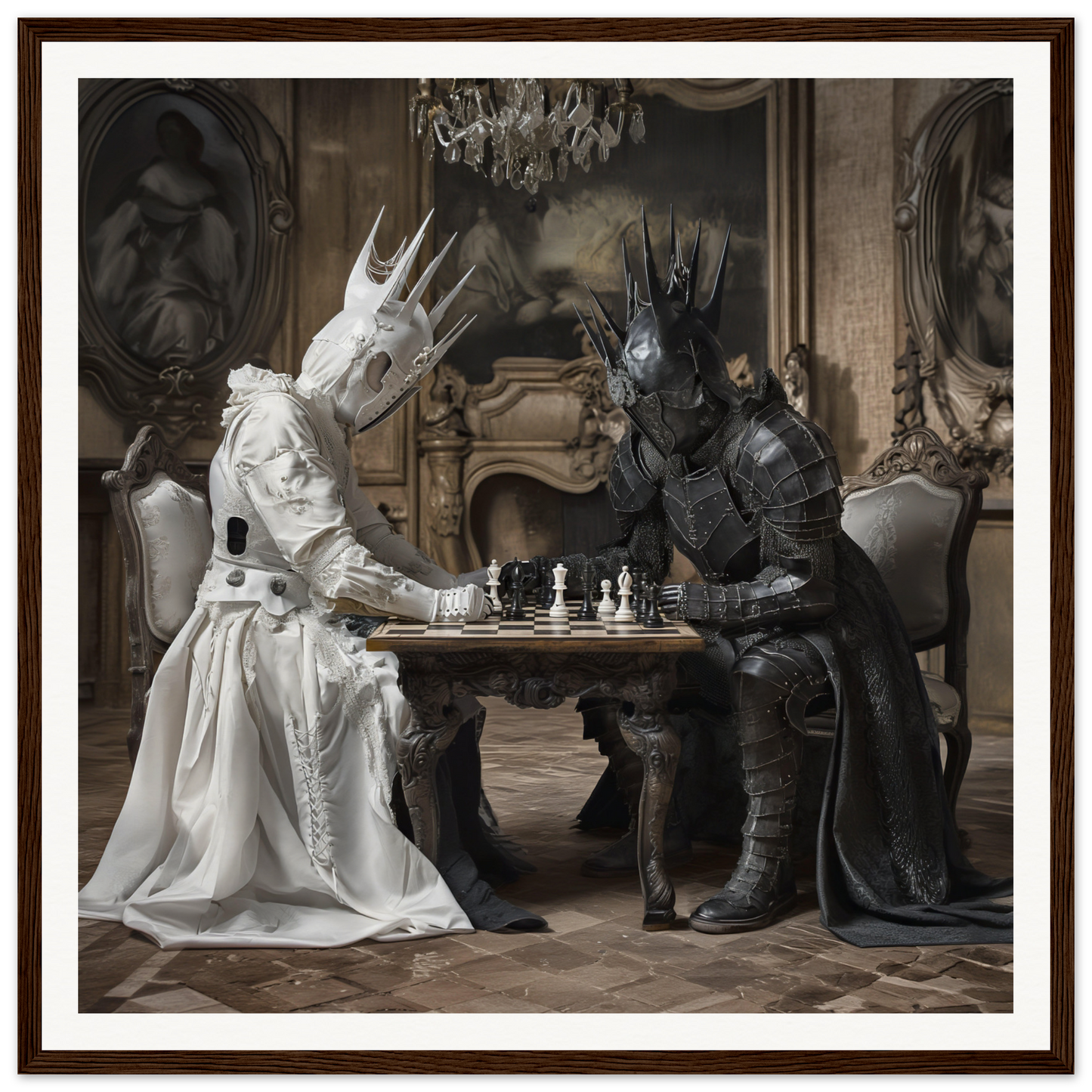 Two armored figures in black and white gear engage in an Eternal Chess Struggle