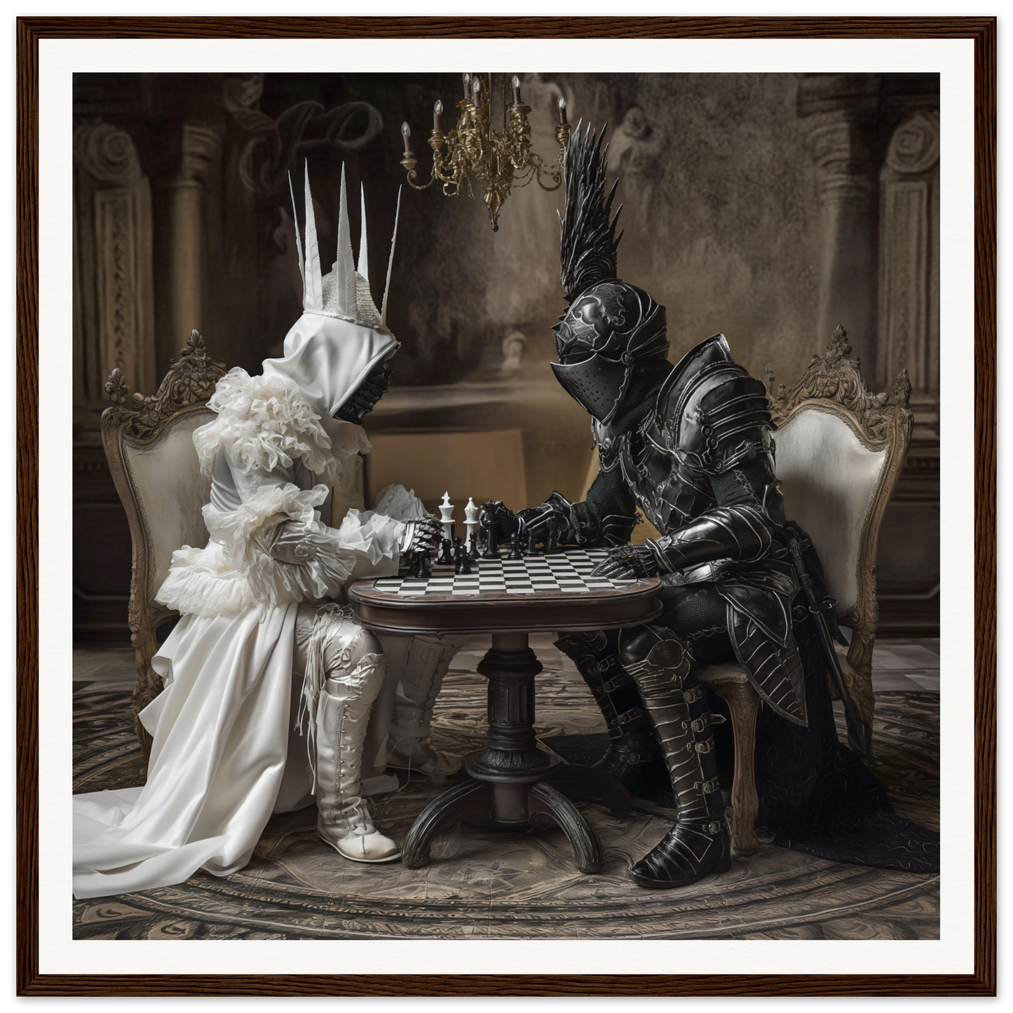Two armored figures engaged in an epic Eternal Mind Duel at a round chess table