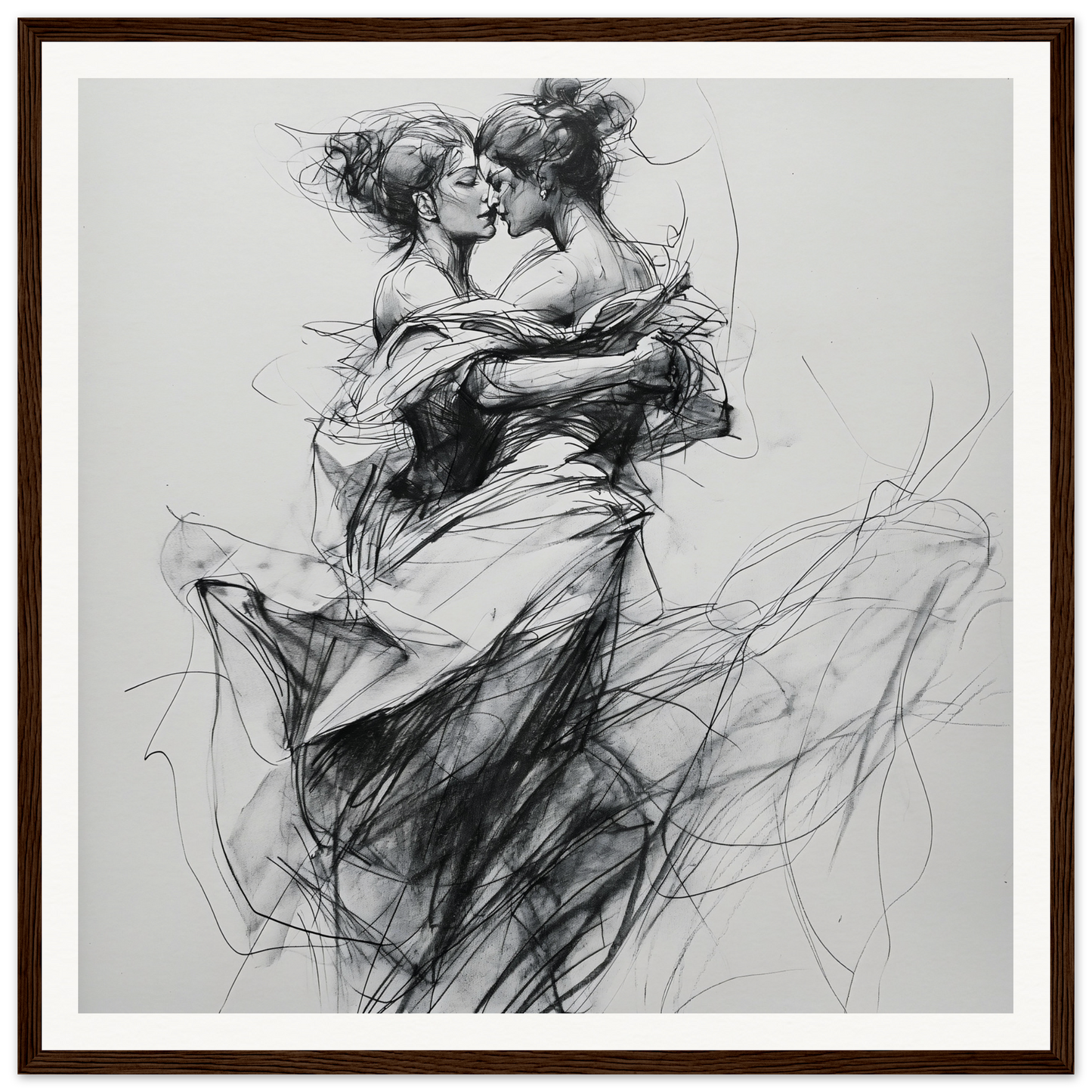 Charcoal sketch of two dancers in an intimate embrace, Fluid Embrace Reverie wall art