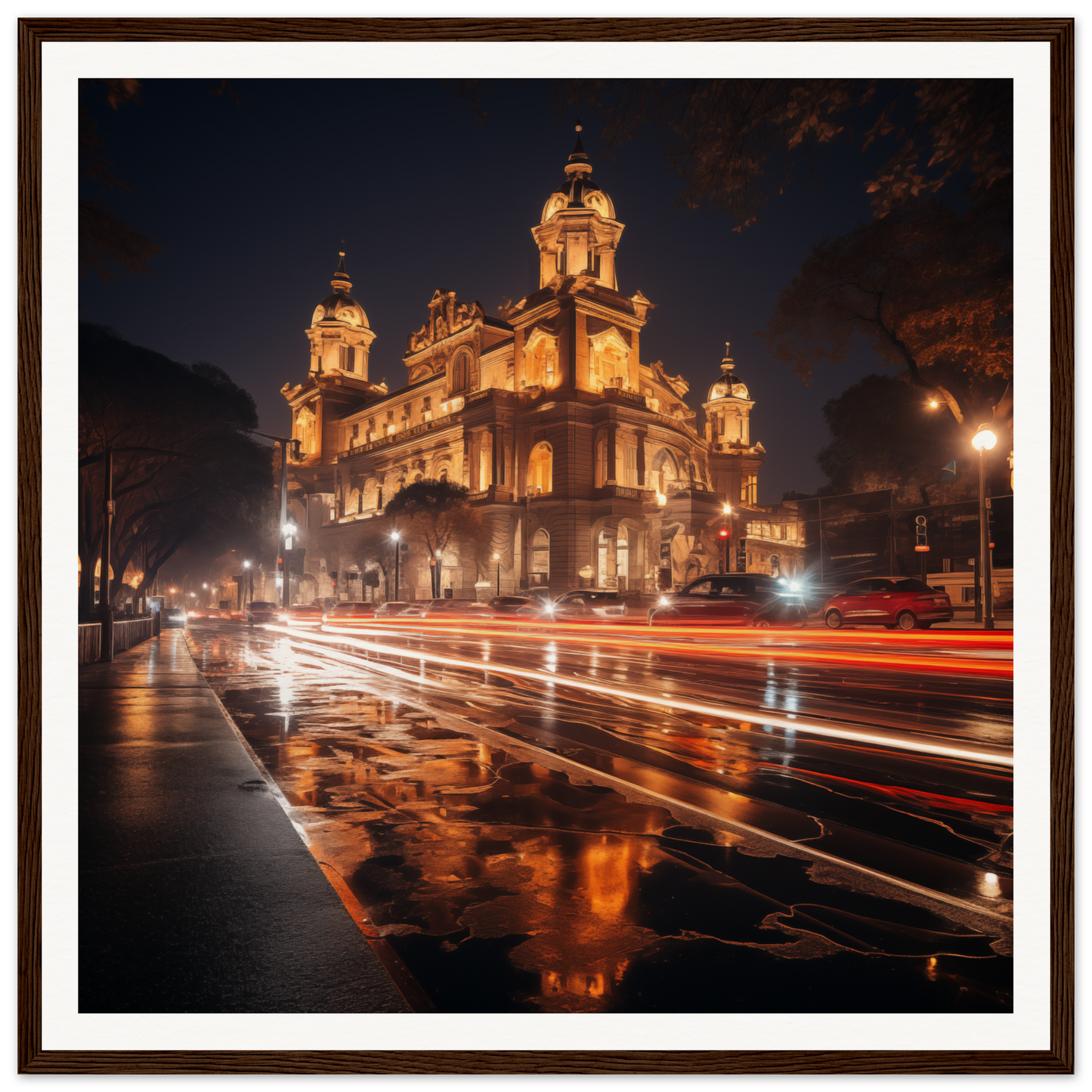 Illuminated baroque cathedral shining gold at night for Gilded Night Dance art display