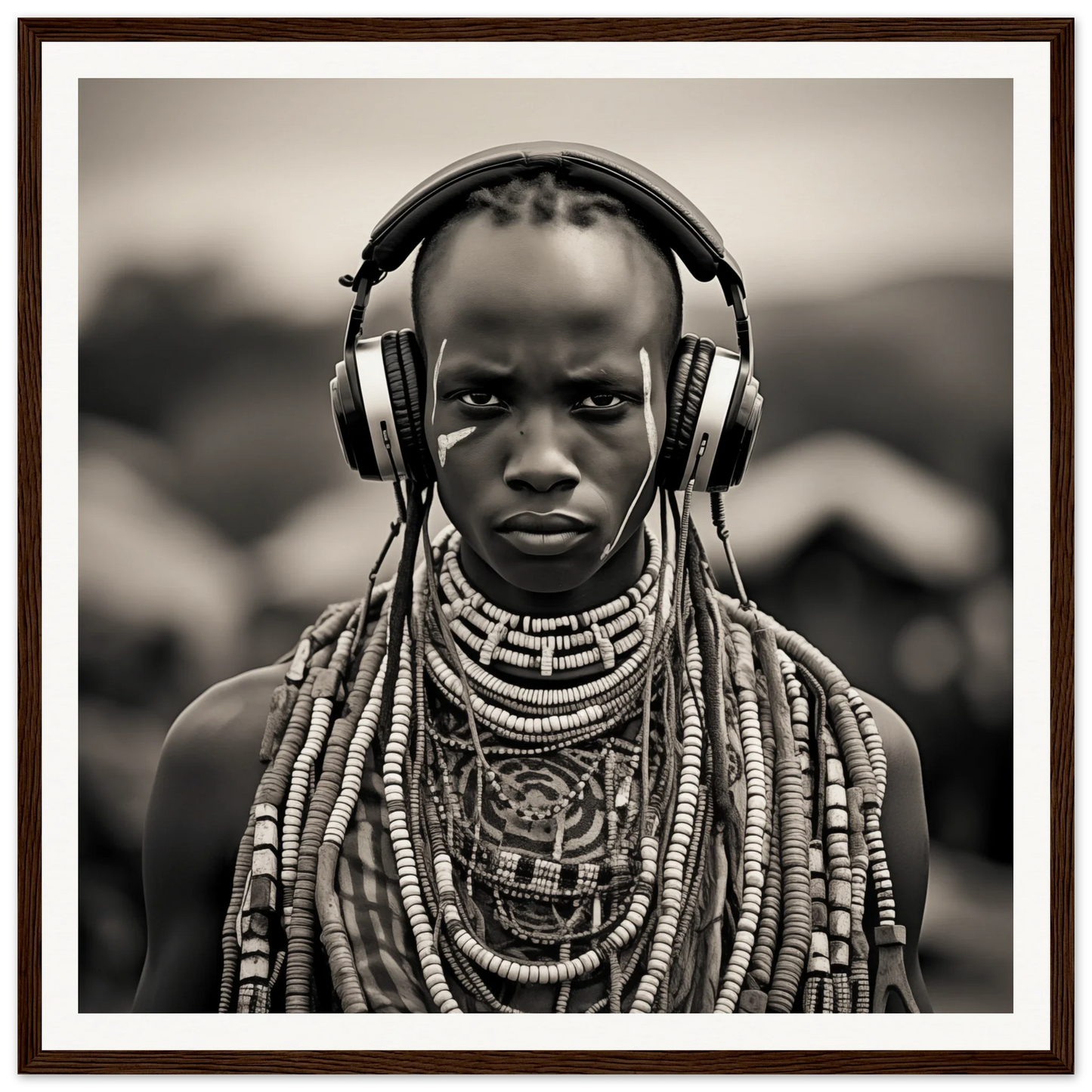 Black and white portrait blending African necklaces with modern Headphones & Heritage