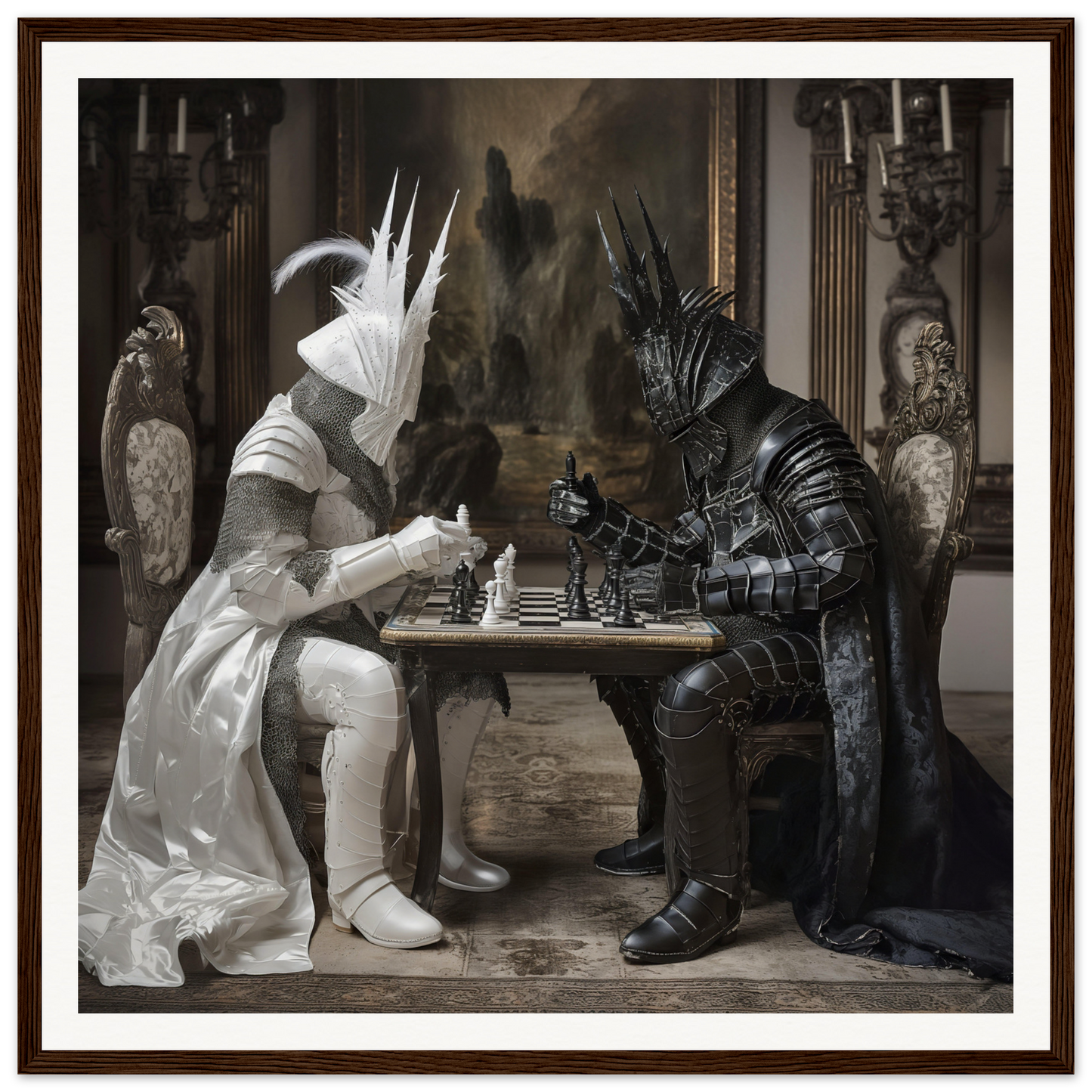 Two armored figures in white and black outfits playing chess in Knightly Psyche Duel