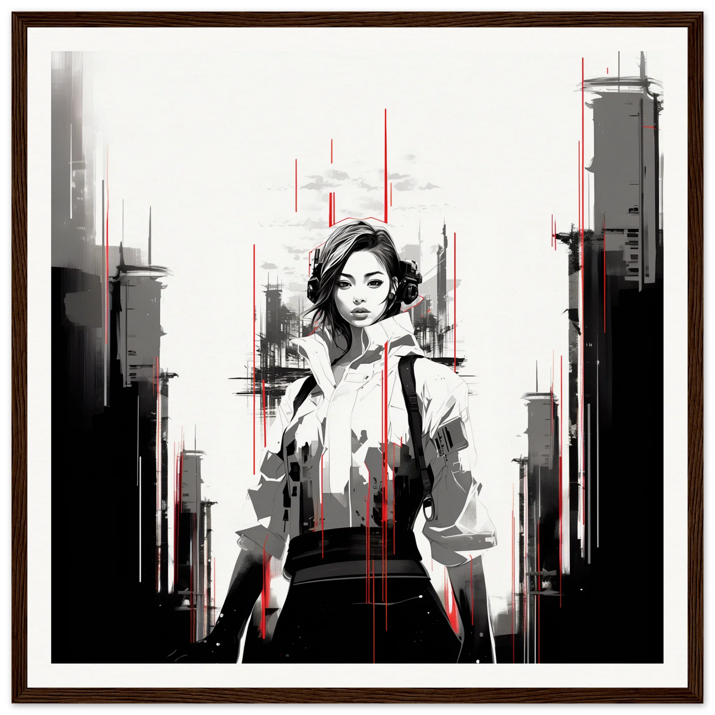 Black and white illustration of a figure in an urban jacket from Mono City Electric