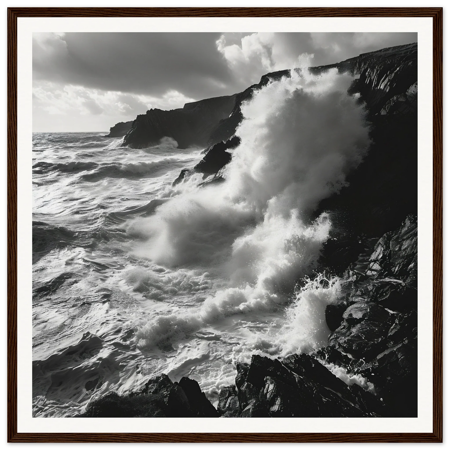 Powerful ocean waves crashing on rocky cliffs in Oceanic Reverie Clash art™