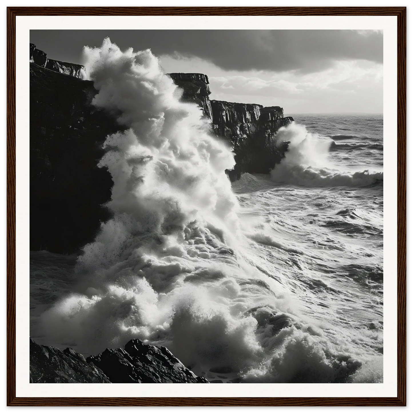Powerful ocean waves crash on dark cliffs in Oceanic Thunder Locks framed poster