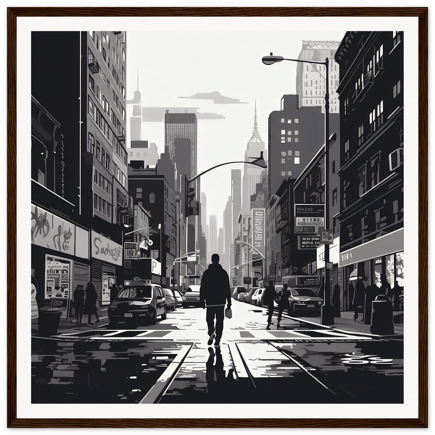 Silhouetted figure walking alone in the city from Solitude Charms Silhouettes art