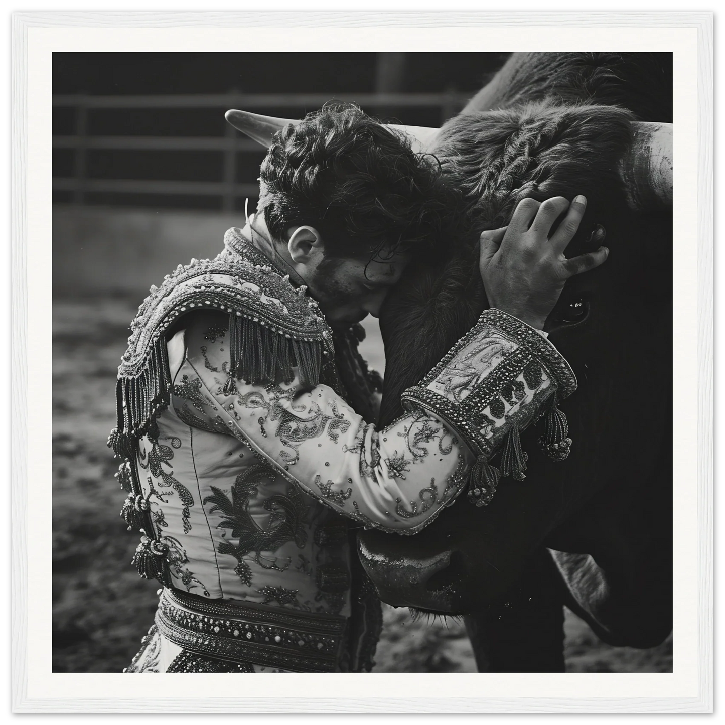 Matador in embroidered jacket embraces a bull in Bullring Reverie Communion art