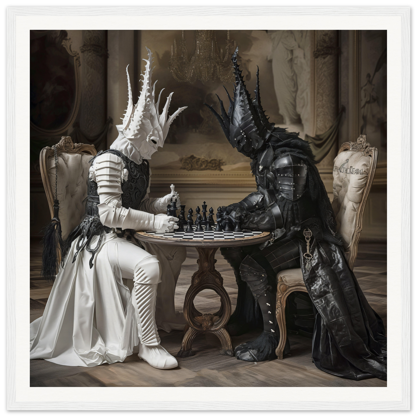 Two fantasy creatures in black and white costumes playing chess in Chessmen Mystics’ Duel