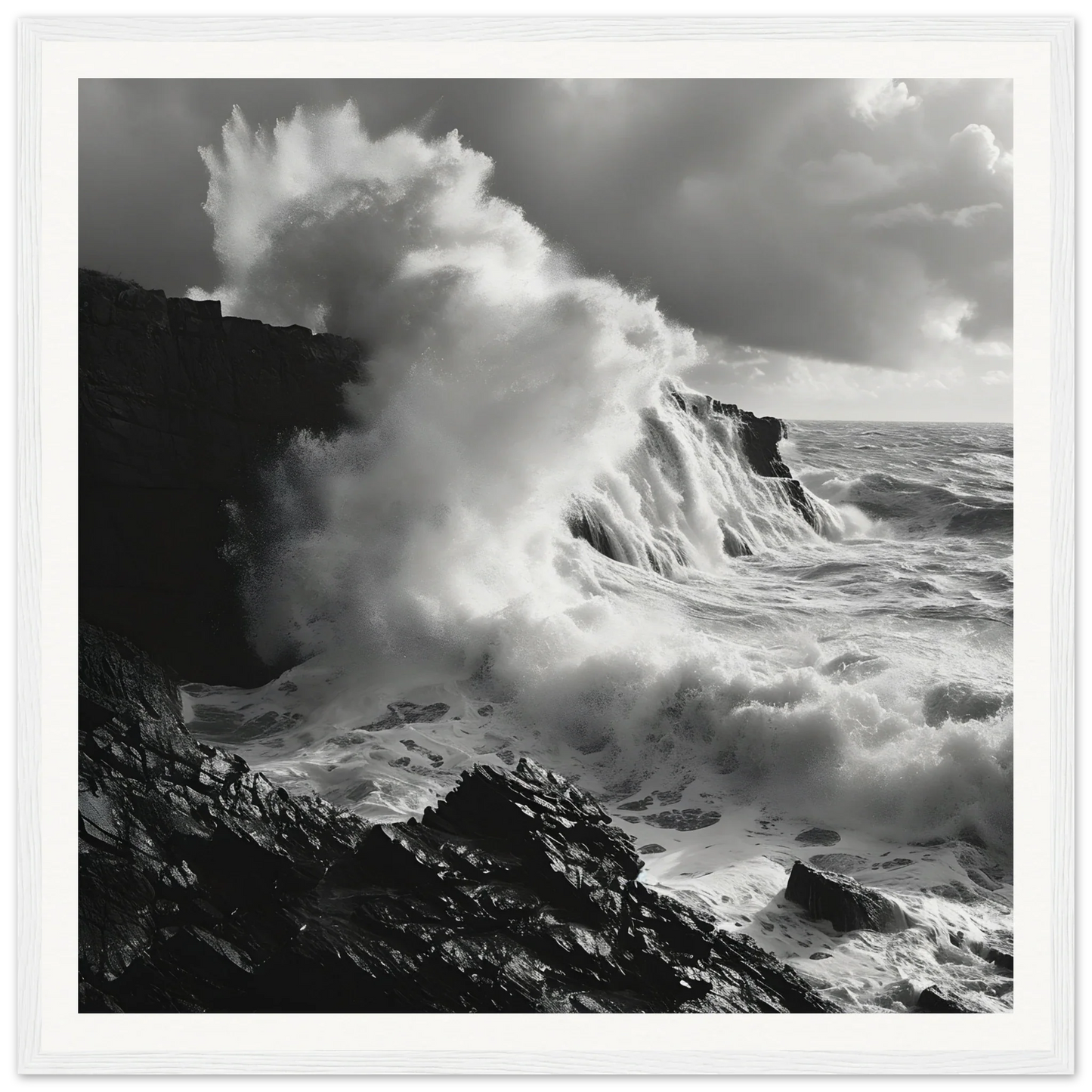 A powerful ocean wave crashes on cliffs in Foamy Abyss Wails special edition art