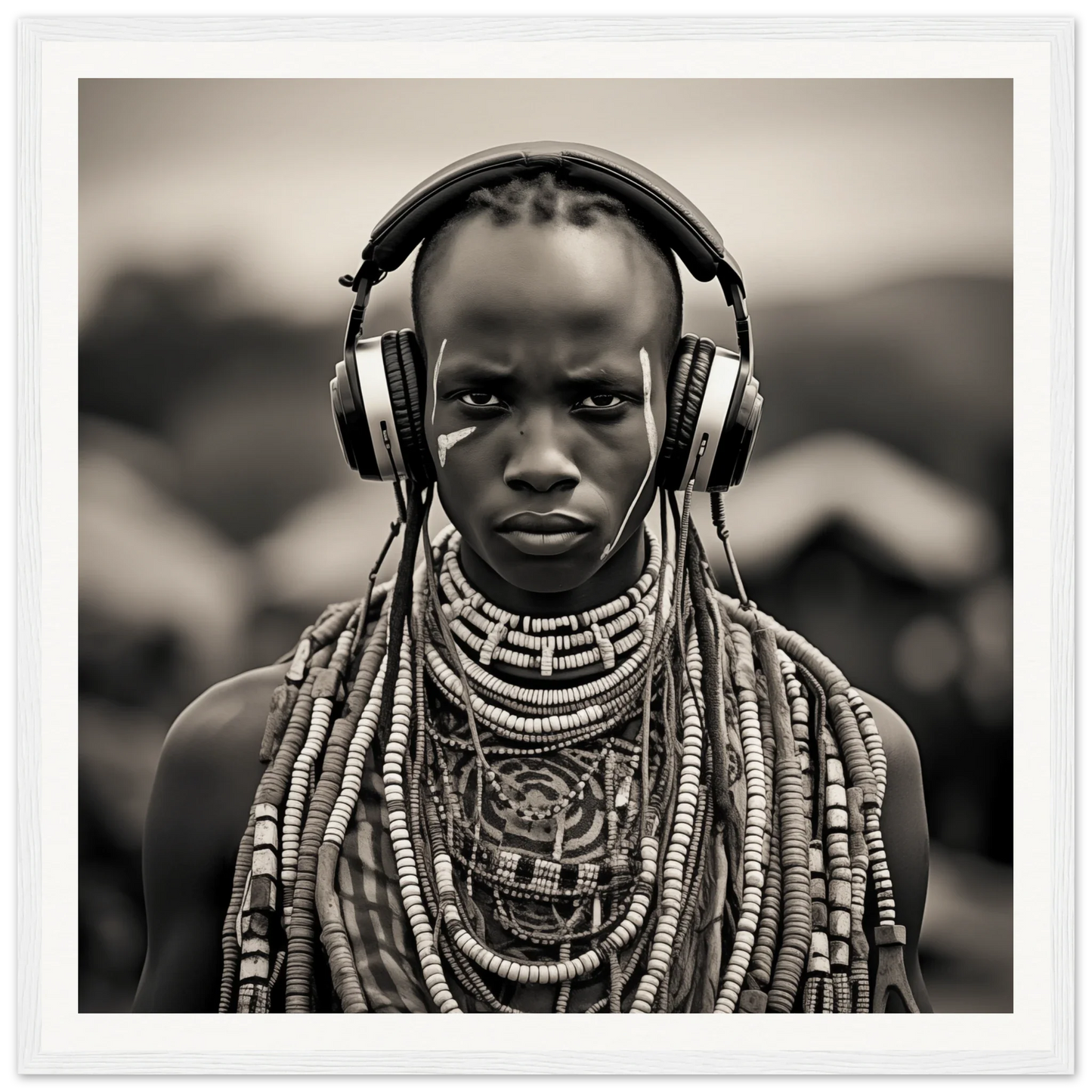 Black and white portrait blending tribal necklaces and modern headphones in Headphones & Heritage
