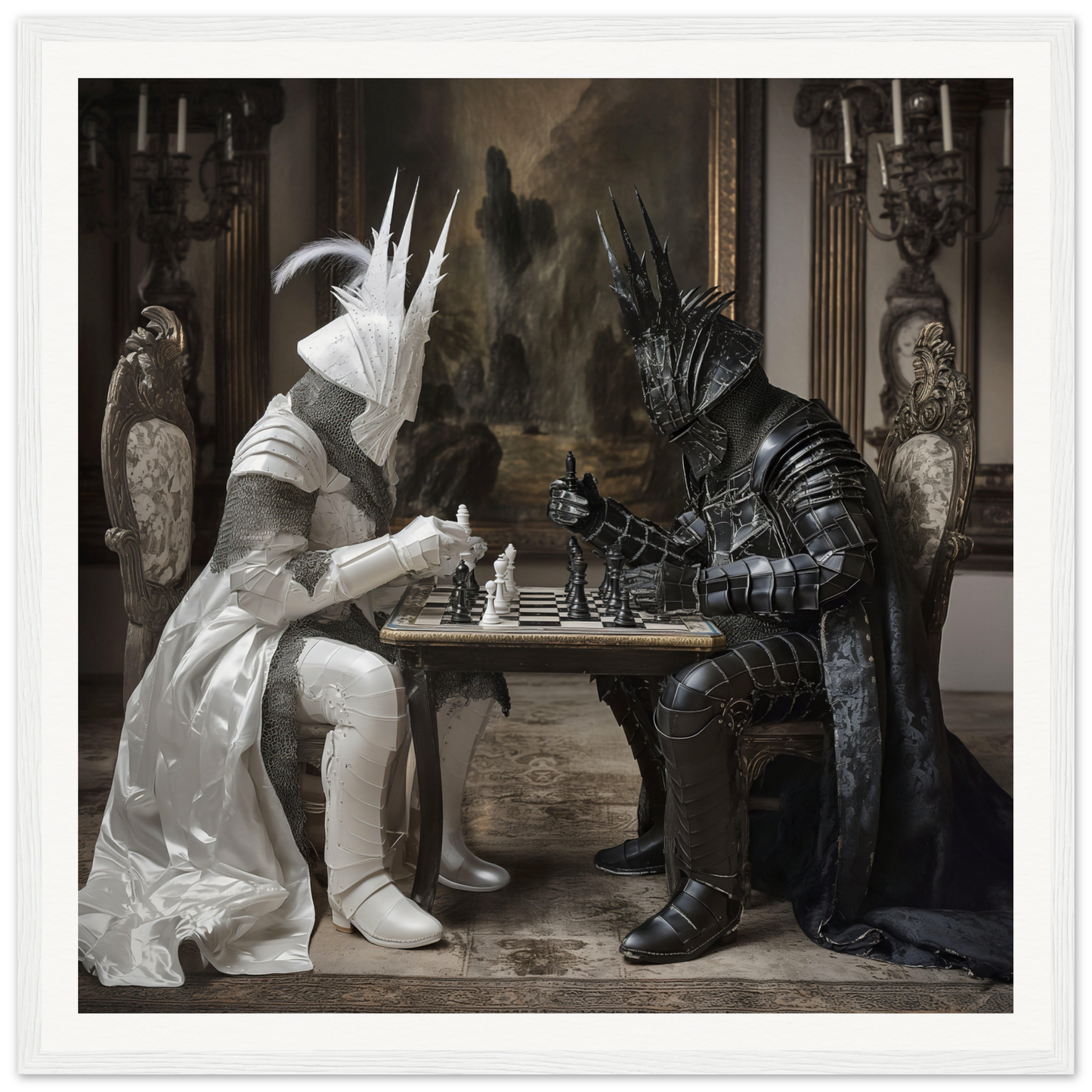 Two armored figures battling it out in a Knightly Psyche Duel chess match