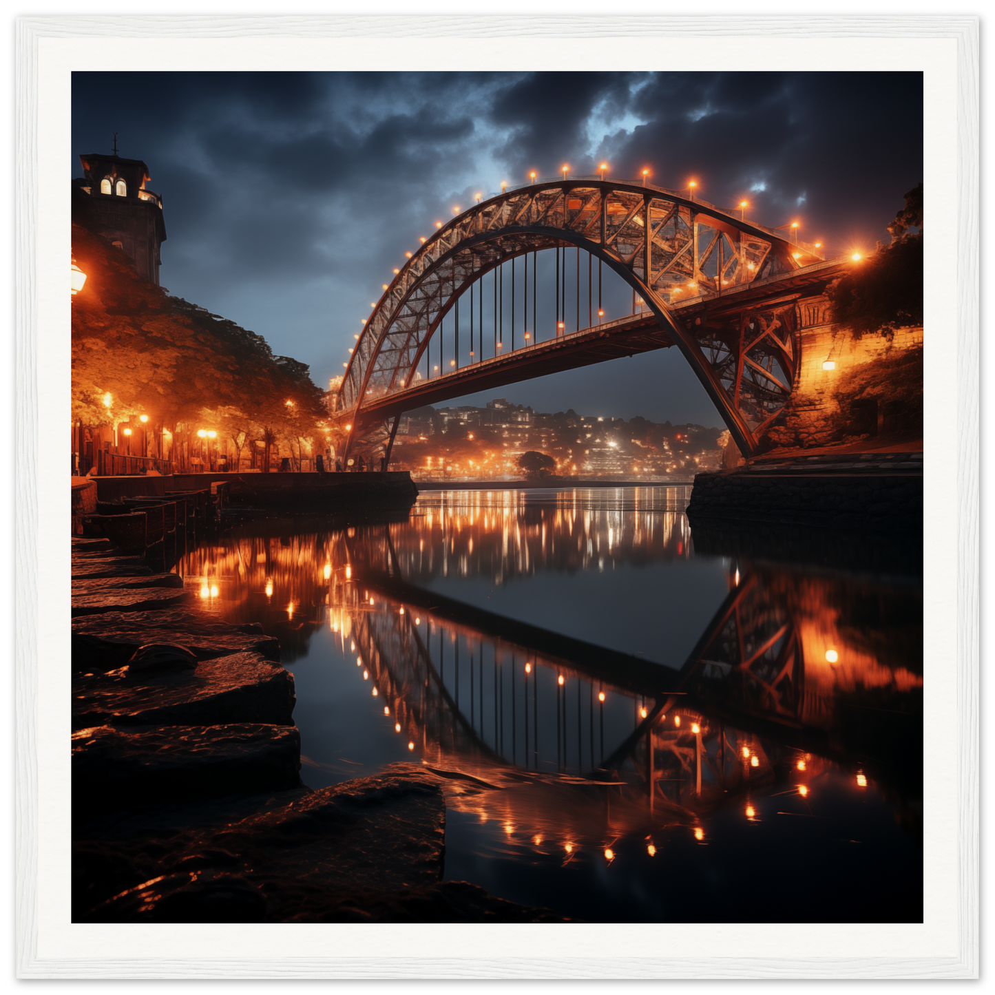 Illuminated arched bridge reflected in water for Lucid Lightways framed bridge art