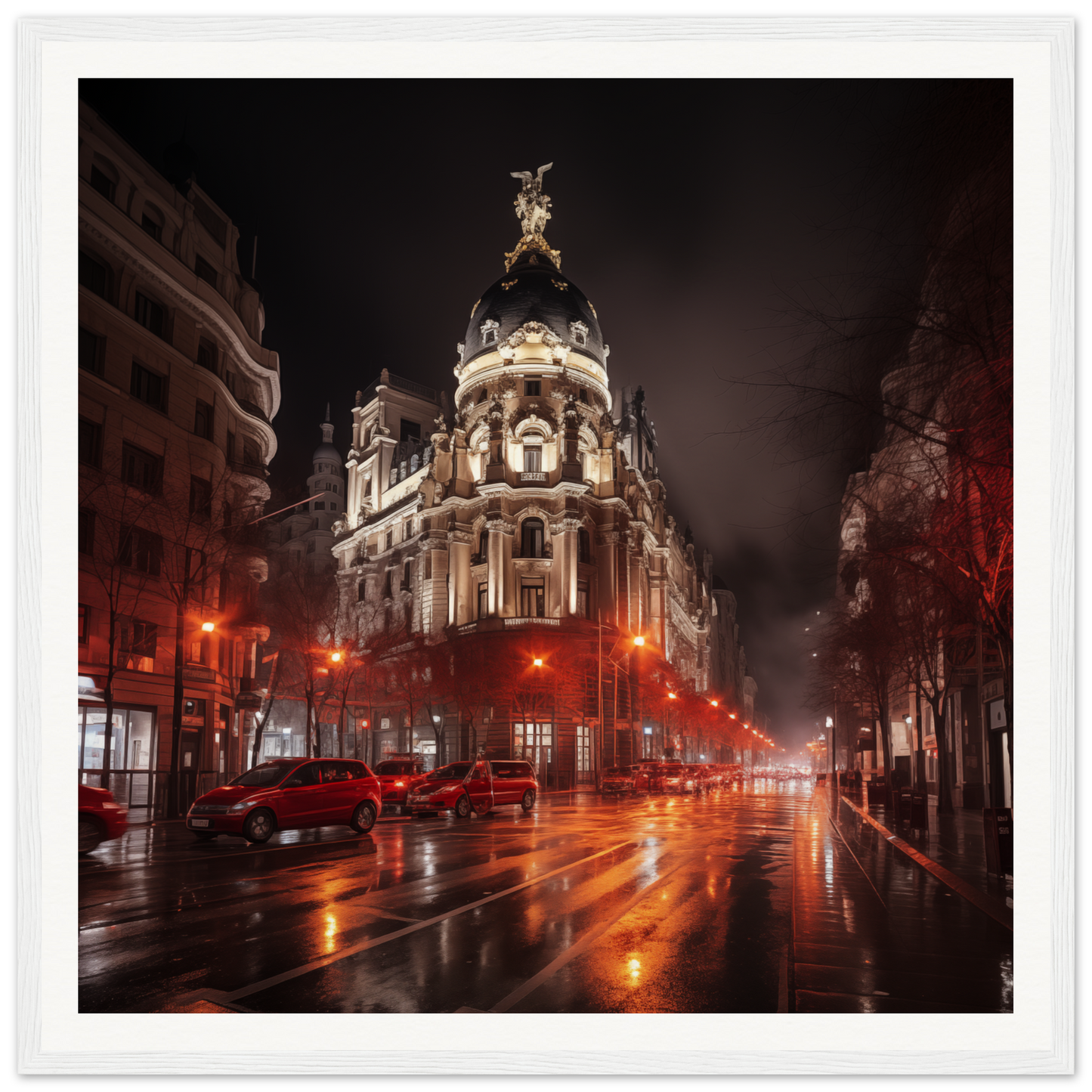 Majestic Night Reverie of the illuminated Metropolis building in Madrid at night