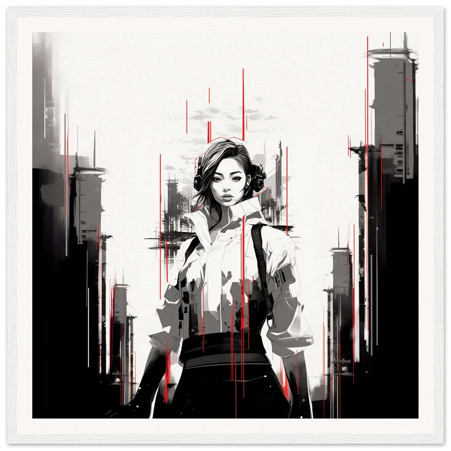 Stylized black and white portrait of Mono City Electric with bold red accents