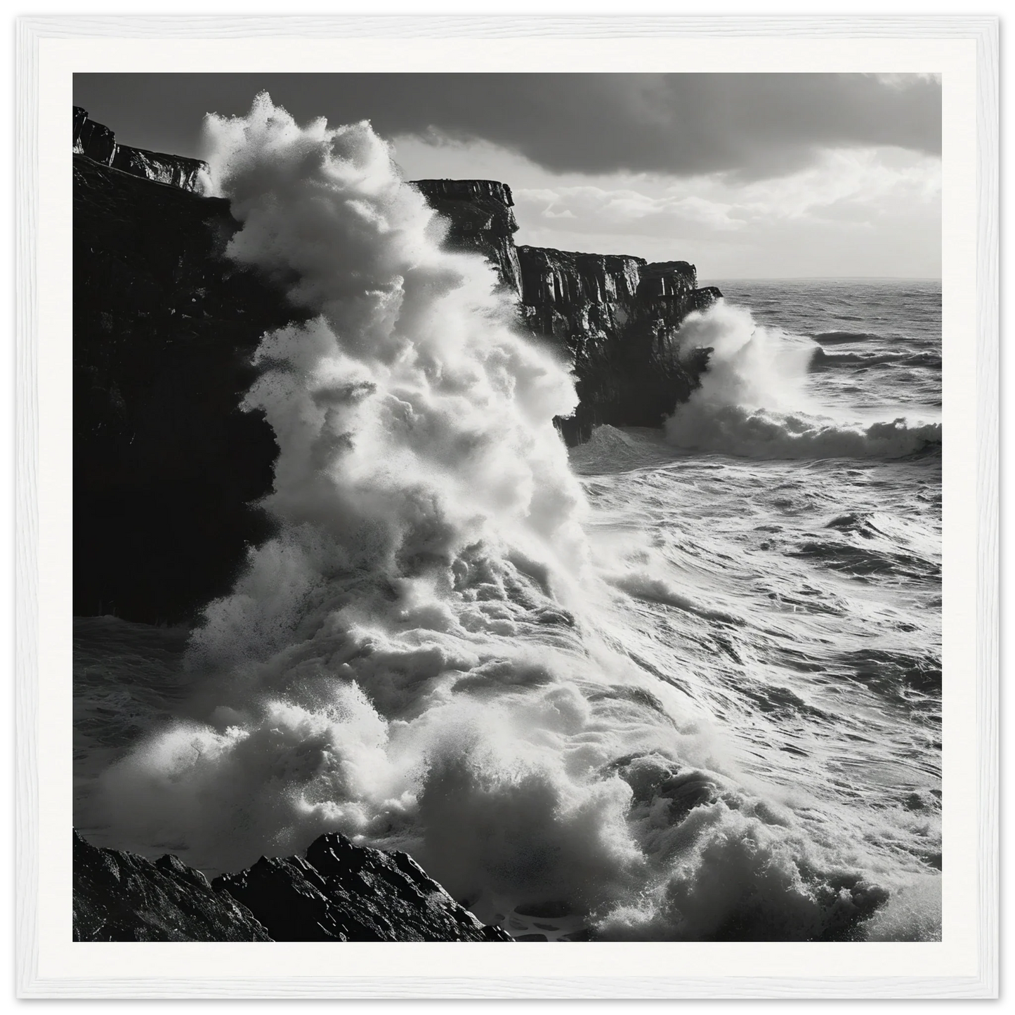 Powerful ocean waves crash on dark cliffs in Oceanic Thunder Locks framed poster
